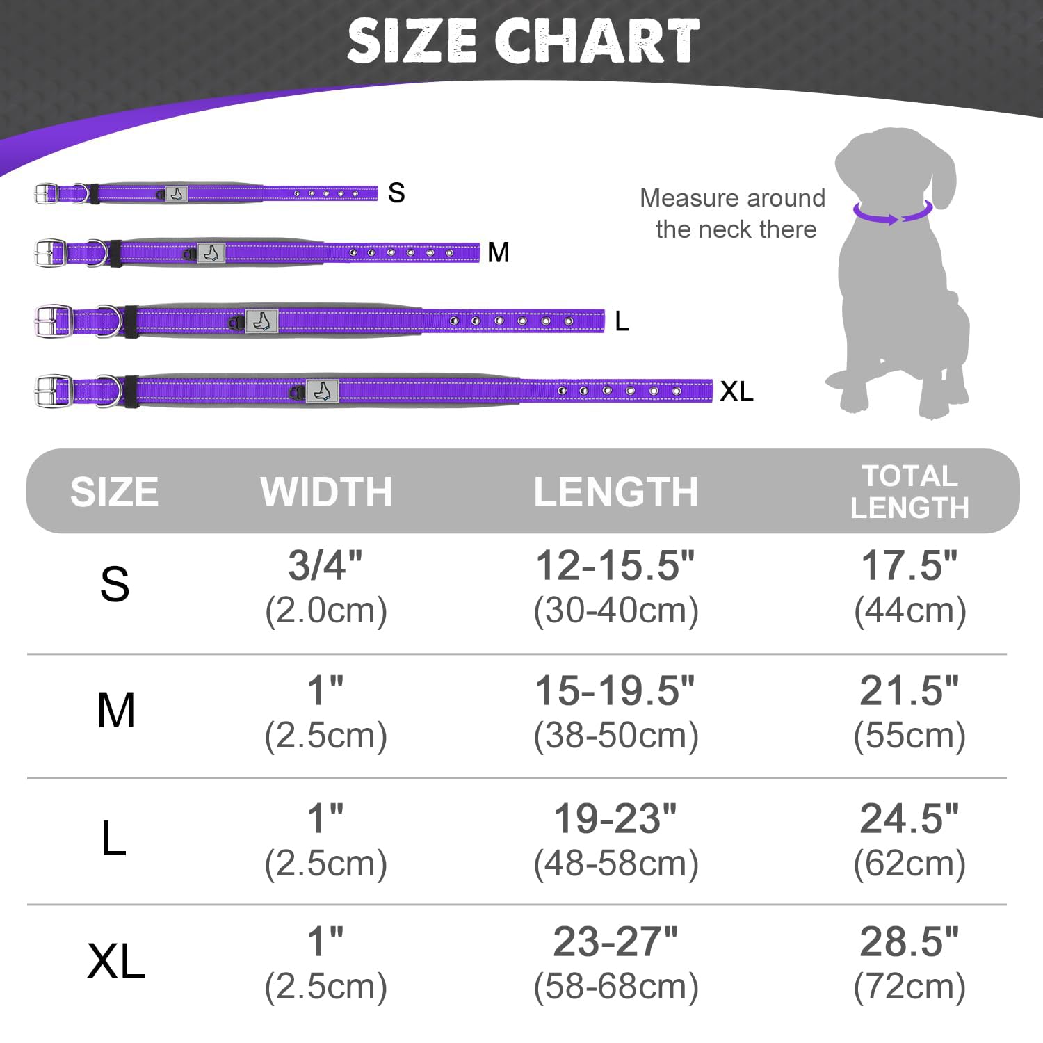 Joytale Heavy Duty Neoprene Padded Reflective Dog Collar for Large Dogs - Adjustable Pet Collar with Durable Metal Buckle, Purple, Size L - Perfect for Walking, Training & Outdoor Adventures