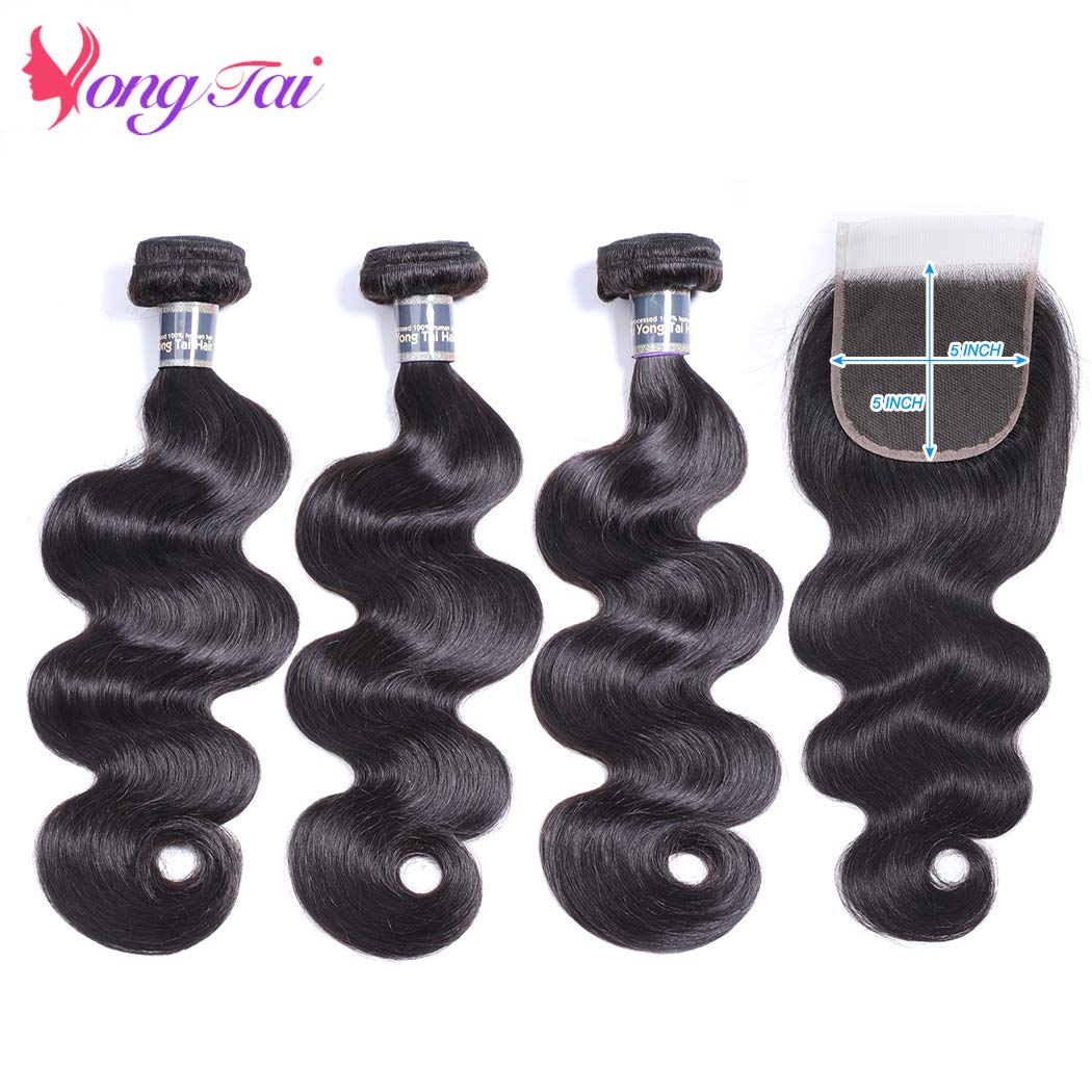 100% Unprocessed Brazilian Body Wave Virgin Hair Bundles (10 12 14+8, 1B) with 5x5 Lace Closure - Natural Human Hair Weft for Extensions & Weaves | Perfect for Daily Wear, Special Occasions & Salon Styling