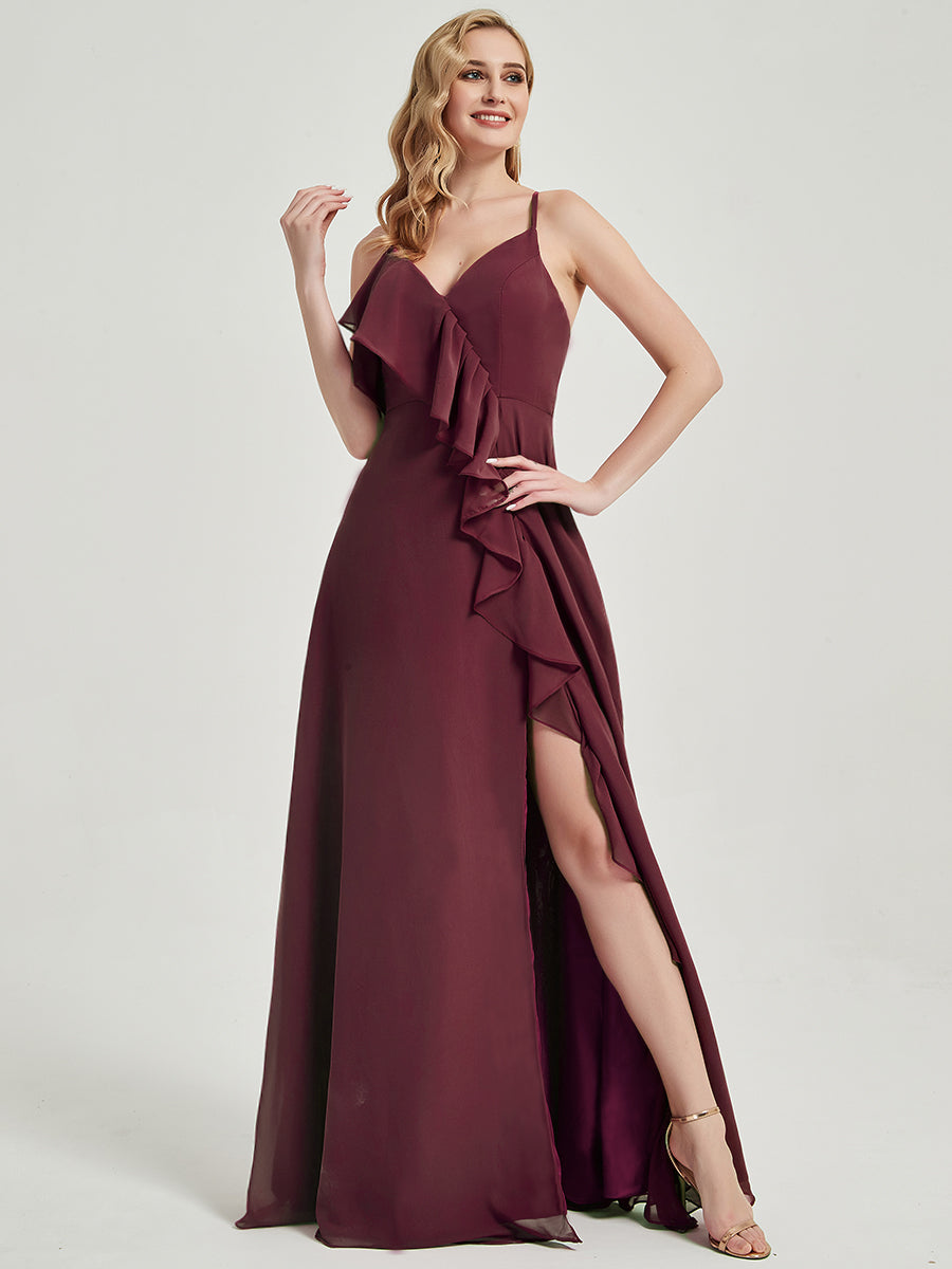Elegant Burgundy Criss Cross Straps Ruffles Slit Chiffon Maxi Bridesmaid Dress - Perfect for Weddings, Prom & Formal Events