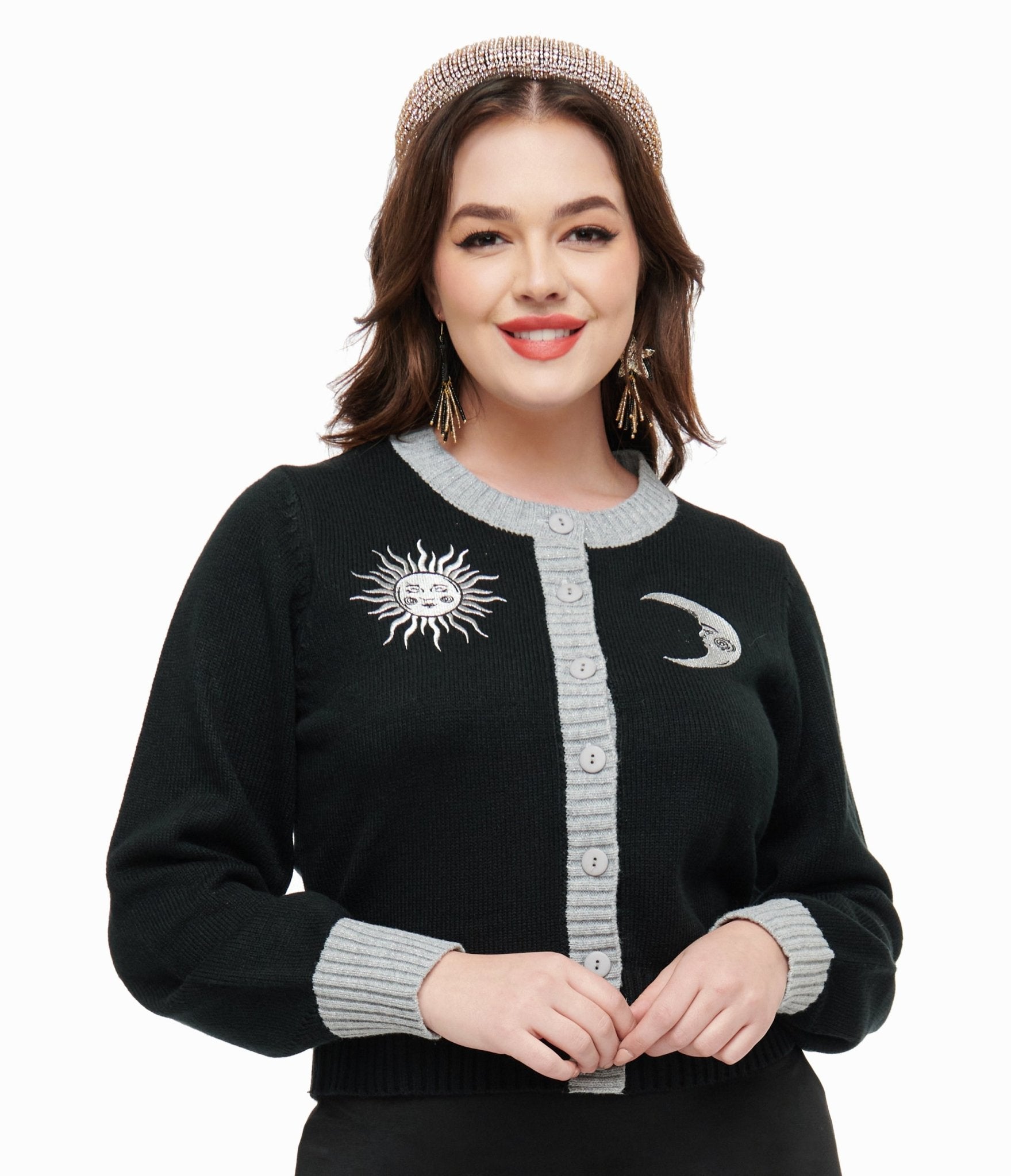 Vintage 1960s Black & Silver Celestial Embroidered Cropped Cardigan by Smak Parlour - Boho Retro Fashion for Women, Perfect for Music Festivals & Night Out
