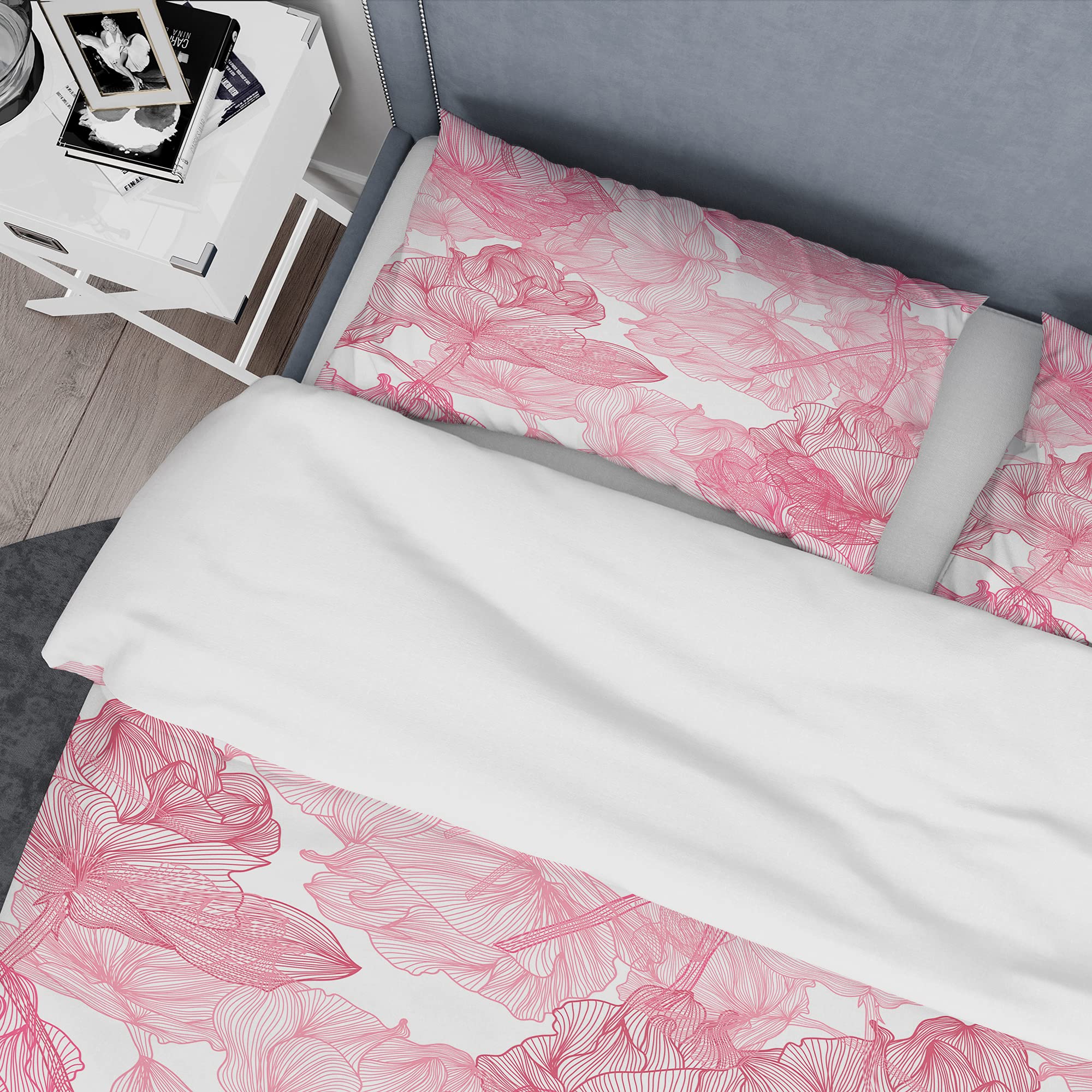 Hand Drawn Floral Duvet Cover Set King - Red Flowers Cabin Bedding for All Seasons