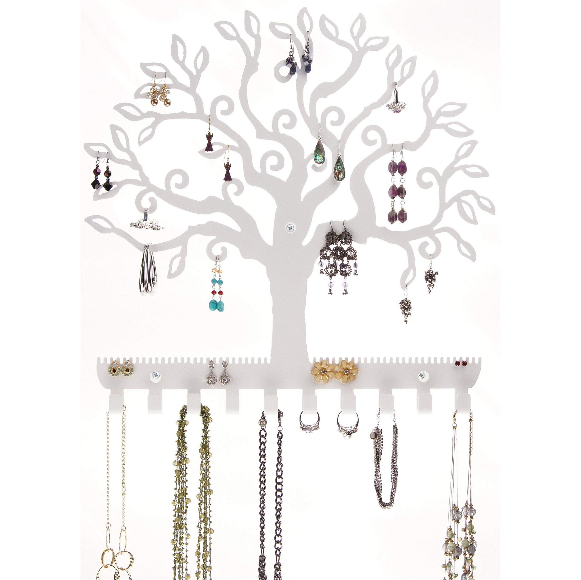Angelynn's White Wall Mounted Jewelry Organizer - Tree of Life Earring Holder & Necklace Hanger with Leaf Design | Perfect for Bedroom, Bathroom & Closet Jewelry Storage