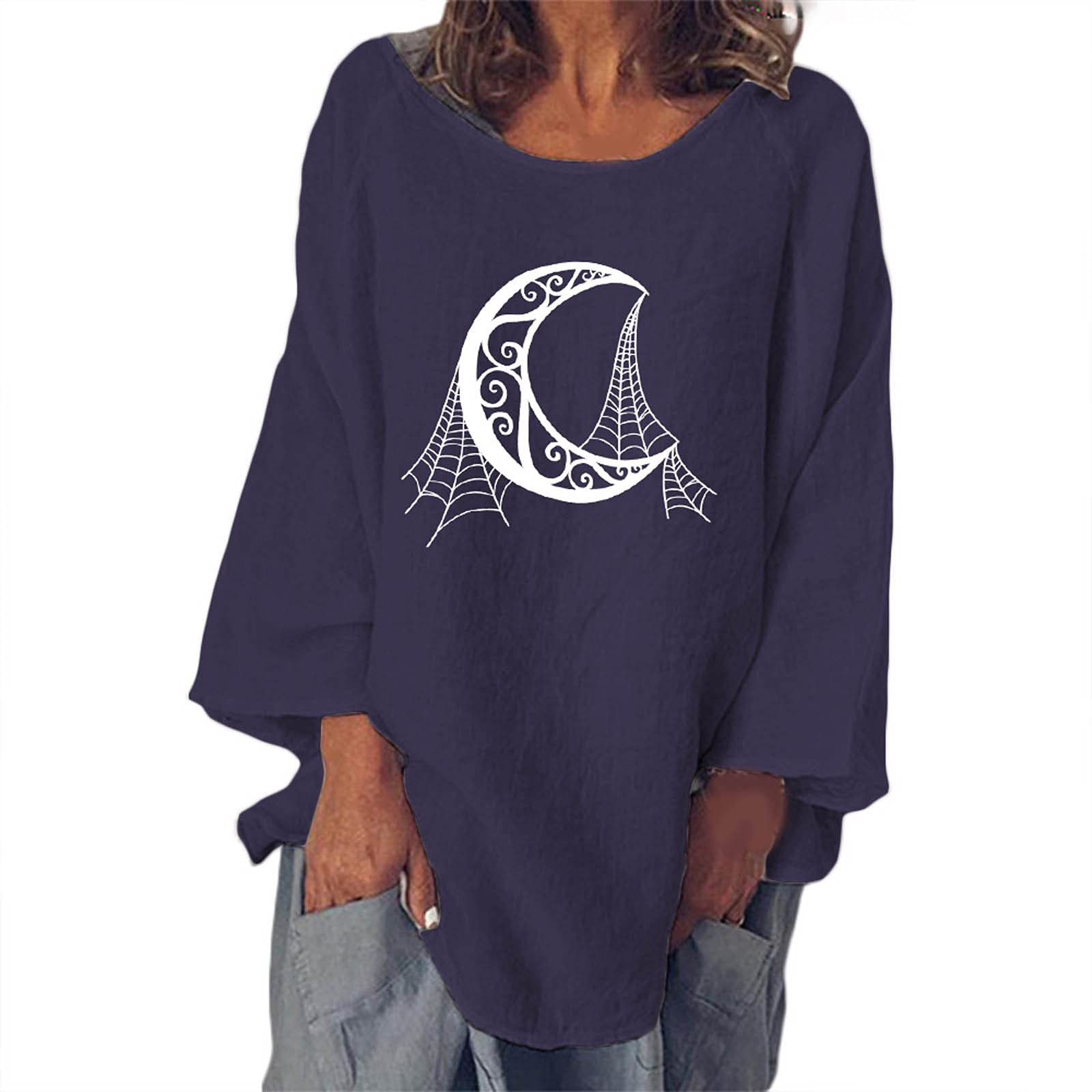 Women's Linen Shirts - Lightweight Loose Bat Sleeve T-Shirts with Scoop Neck & Moon Graphic - Casual Summer Blouses for Beach, Travel & Boho Style Outfits