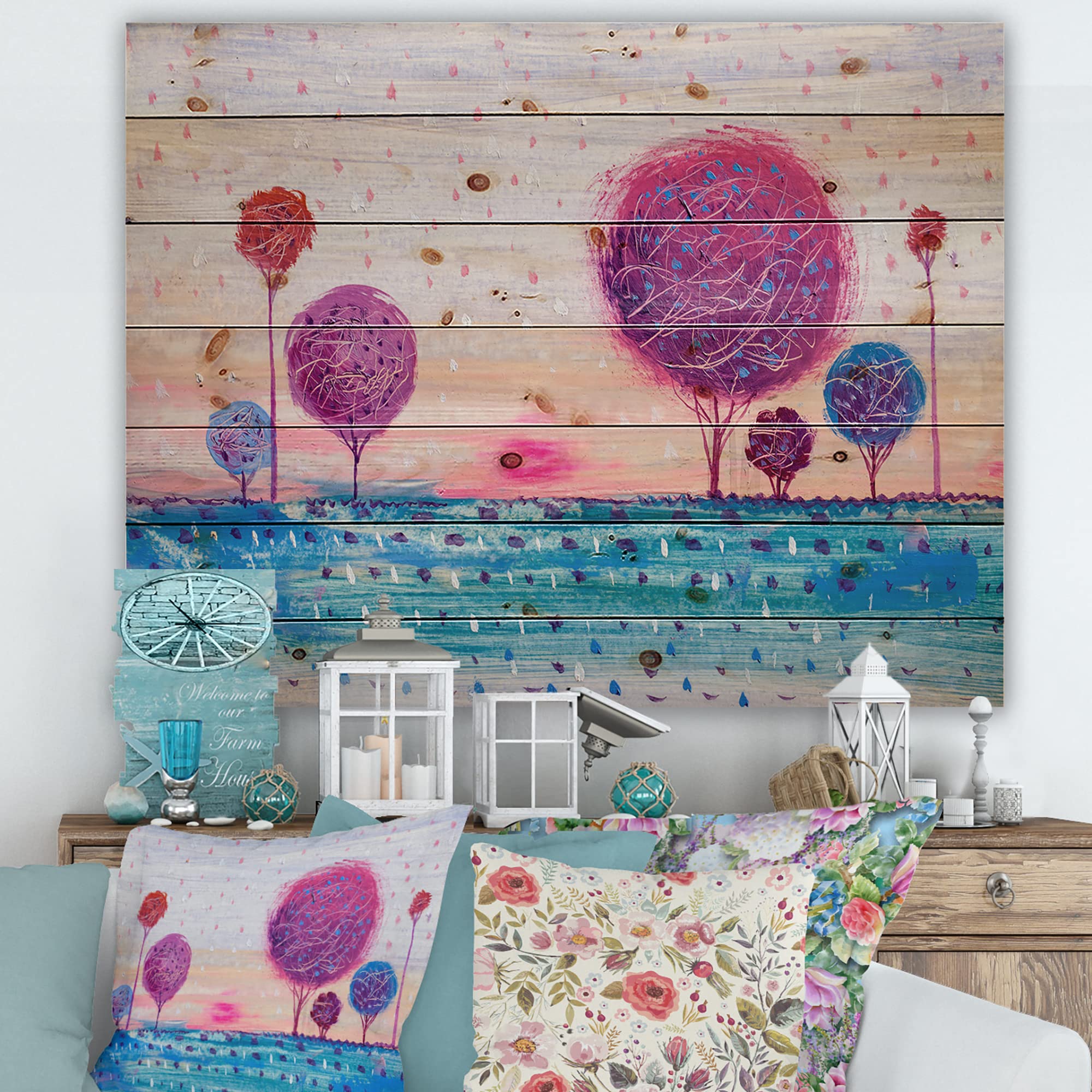 DesignQ Purple Tree Impression II Modern Wood Wall Art - Contemporary Pine Wood Decor, Large Landscape Wood Panels for Living Room & Bedroom