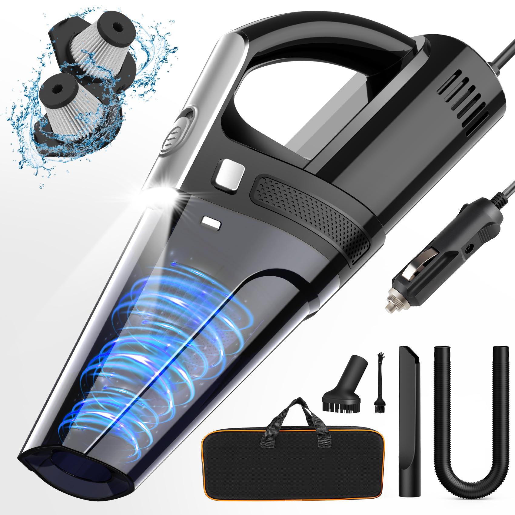 Portable Car Vacuum Cleaner - 7000PA Strong Suction, 12V DC High Power, 16.4ft Cord, LED Light - Compact & Lightweight (0.33L Capacity) with Storage Bag - Perfect for Car Detailing, Home & Office Cleaning