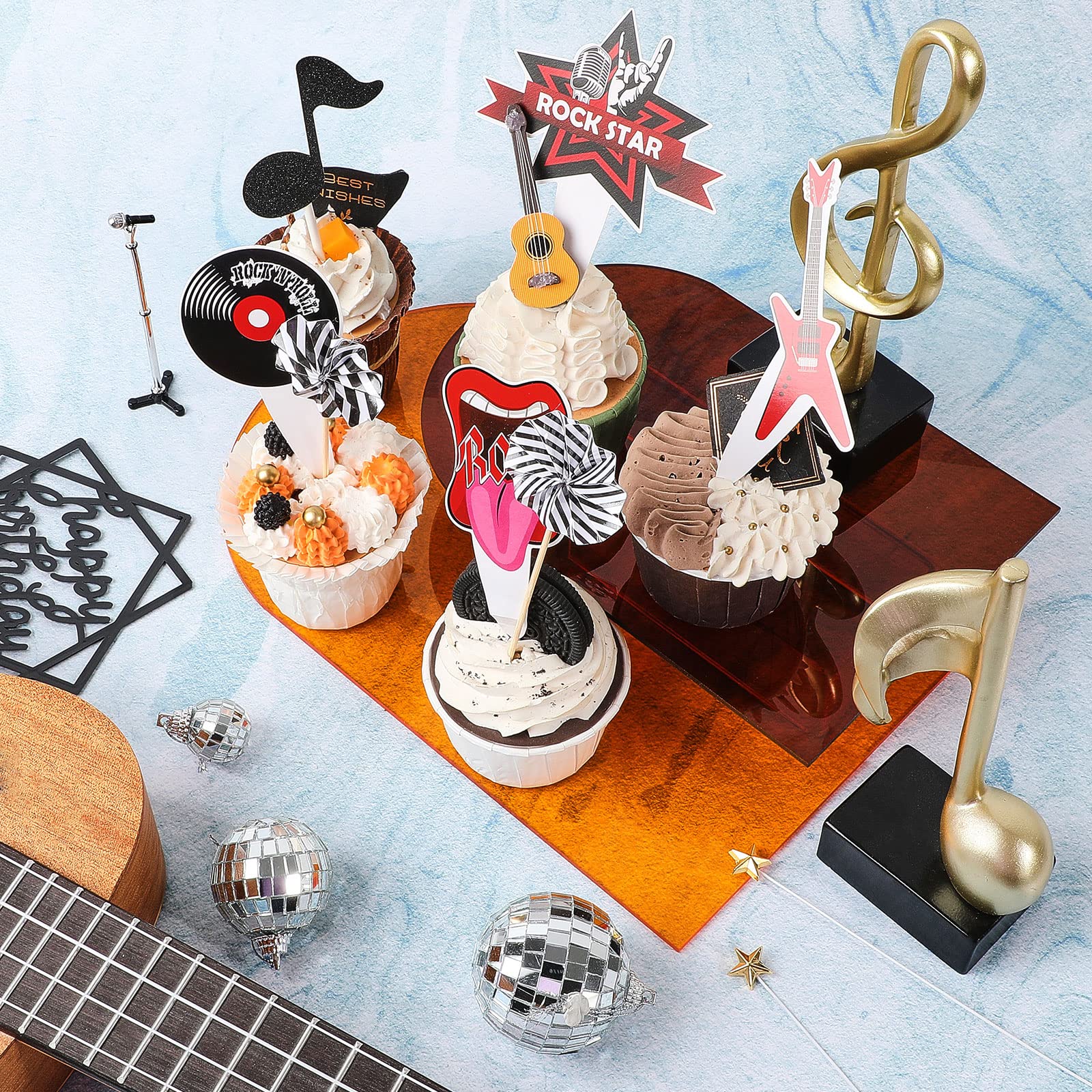 28-Piece Rock and Roll Cake Topper Set - Guitar, Microphone, Music Note & Disco Ball Cupcake Toppers for Musical Birthday Party Decorations | Perfect for Rock Theme Cakes, Cupcakes, and Dessert Tables