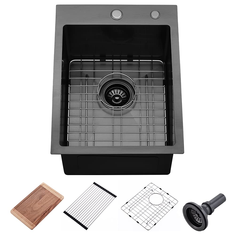 15 Inch Black Drop In Bar Sink - VASOYO 15x20 Inch Topmount Stainless Steel Wet Bar Sink, 16 Gauge Matte Black RV Kitchen Sink with Cutting Board - Perfect for Outdoor, Laundry, and Small Kitchen Use