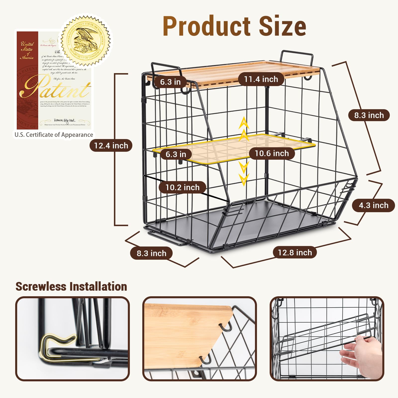 3-Tier Bamboo Fruit Basket with Cutting Board - Stackable Kitchen Organizer for Fruits, Vegetables, Onions & Potatoes - Countertop, Cabinet & Pantry Storage Solution - Perfect for Small Kitchen Organization & Space Saving