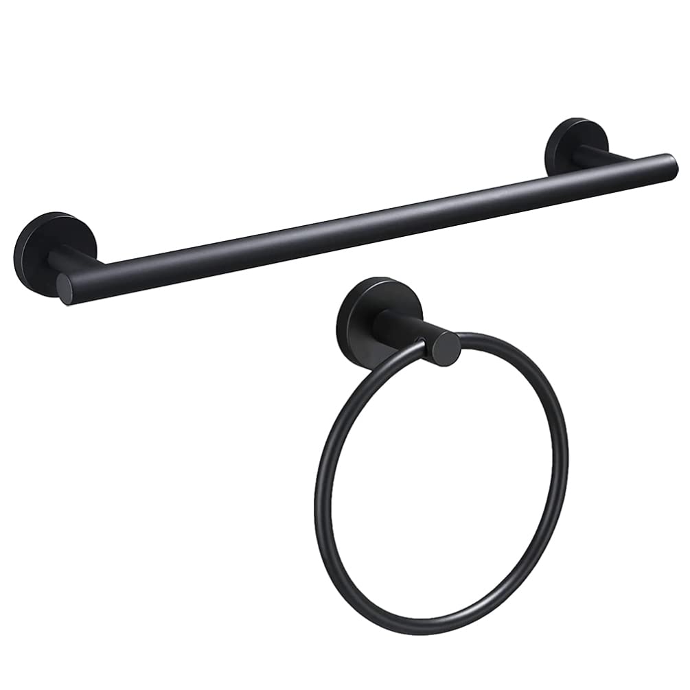 Matte Black Stainless Steel Bathroom Towel Rack & Toilet Paper Holder Set - Wall Mounted Hand Towel Bar & Ring Kit (40cm) - Modern Bathroom Hardware Accessory for Home, Hotel & Spa Use