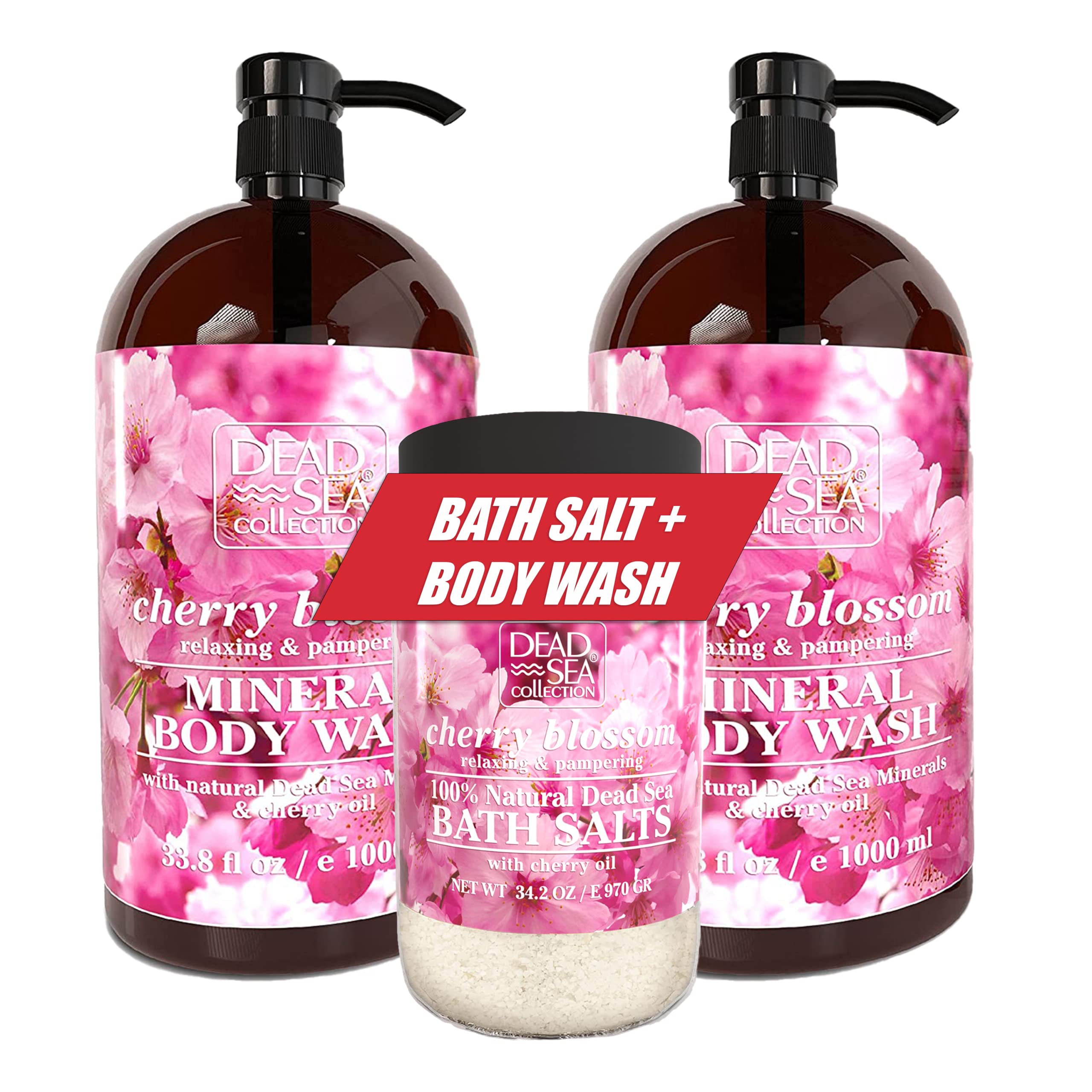 Dead Sea Collection Cherry Blossom Body Wash & Bath Salts Gift Set - 2 x 67.6oz Body Wash + 34.2oz Bath Salts for Relaxing Spa & Aromatherapy at Home - Moisturizing & Detoxifying Skincare Bundle