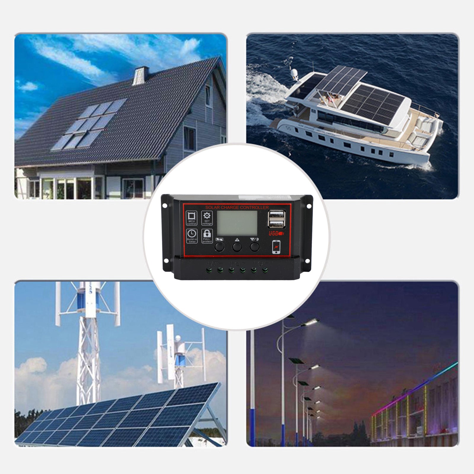 10A/20A/30A Solar Charge Controller with PWM & LCD Display - Dual USB Ports for 12V/24V Solar Panels - Perfect for RV, Boat, Off-Grid & Home Solar Systems