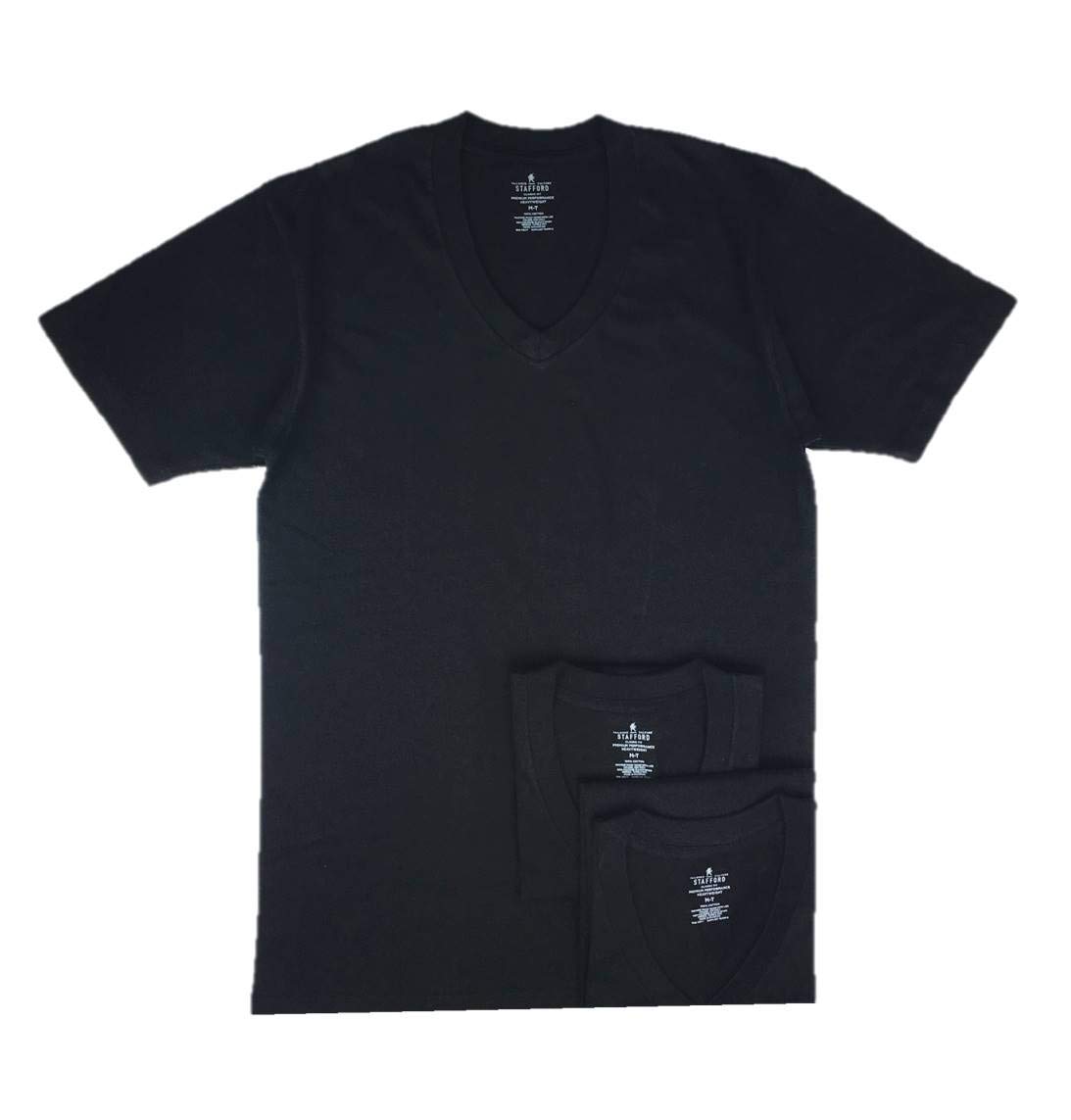 Stafford Men's Tall & Extra Tall 100% Cotton V-Neck Undershirts 3-Pack - Heavyweight Breathable Short Sleeve T-Shirts for Work & Casual Wear - Black (LXT Large Extra Tall)