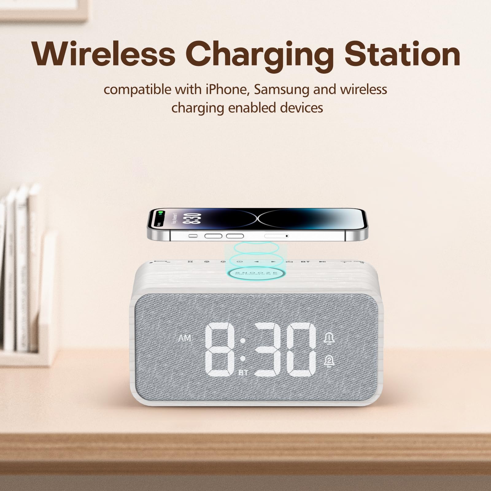 ANJANK Wooden Digital Alarm Clock with Bluetooth Speaker, Wireless Charging for iPhone & Samsung, Dual Alarm, Auto Time Sync, Adjustable Brightness - Perfect for Bedroom, Office, Nightstand & Home Decor