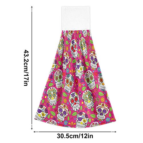 Halloween Sugar Skulls Hanging Kitchen Towels - 2PCS Pink Day of The Dead Hand Towels with Loops | Super Absorbent & Soft 12x17 Inch Dish Towels for Kitchen, Bathroom & Oven | Perfect for Halloween Decor & Dia de Los Muertos Celebrations