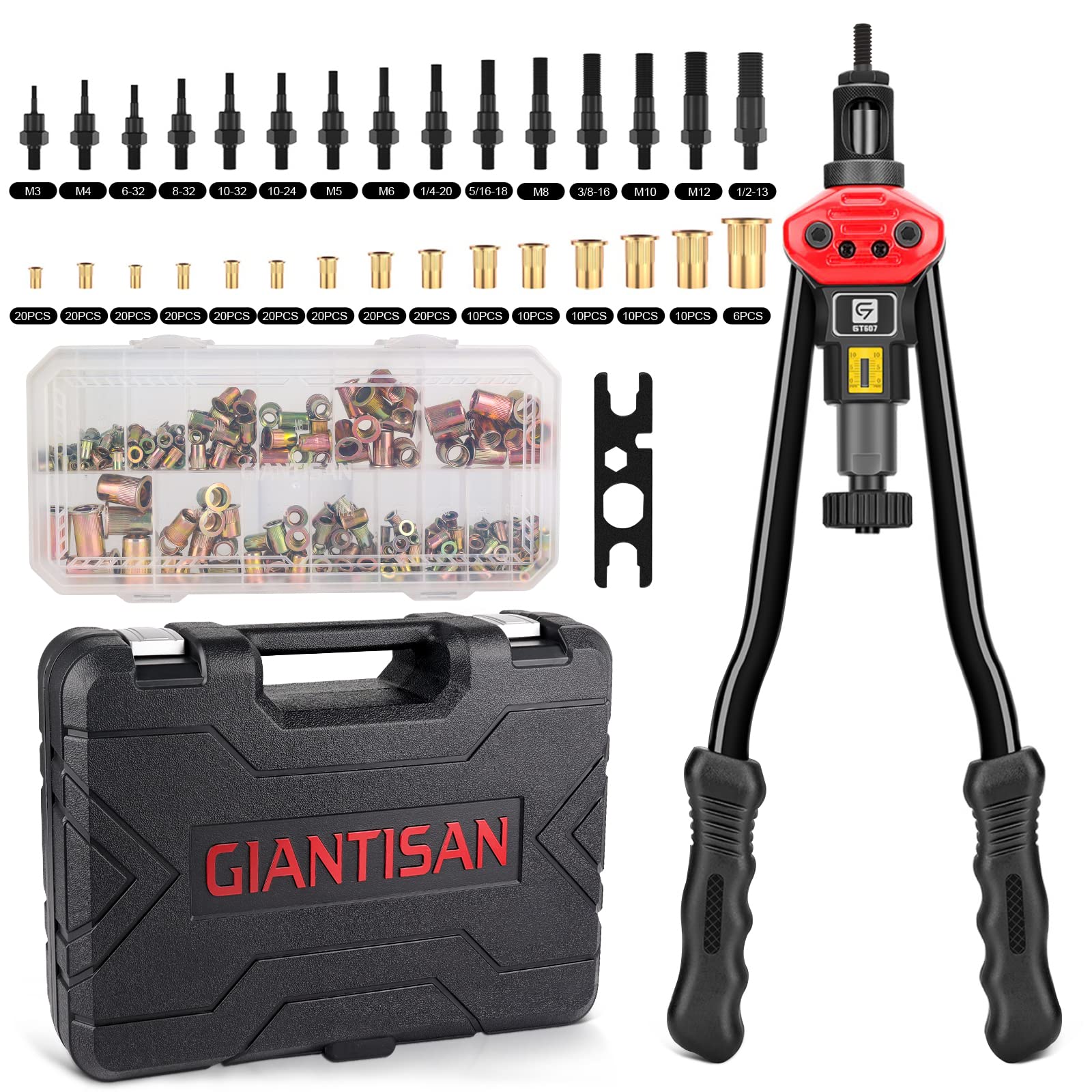 **GIANTISAN 16-Inch Heavy Duty Rivet Nut Tool Kit with 15 SAE & Metric Mandrels, 236pcs Rivnut Assortment & Durable Carrying Case – Perfect for Automotive, Metalworking, and DIY Projects**