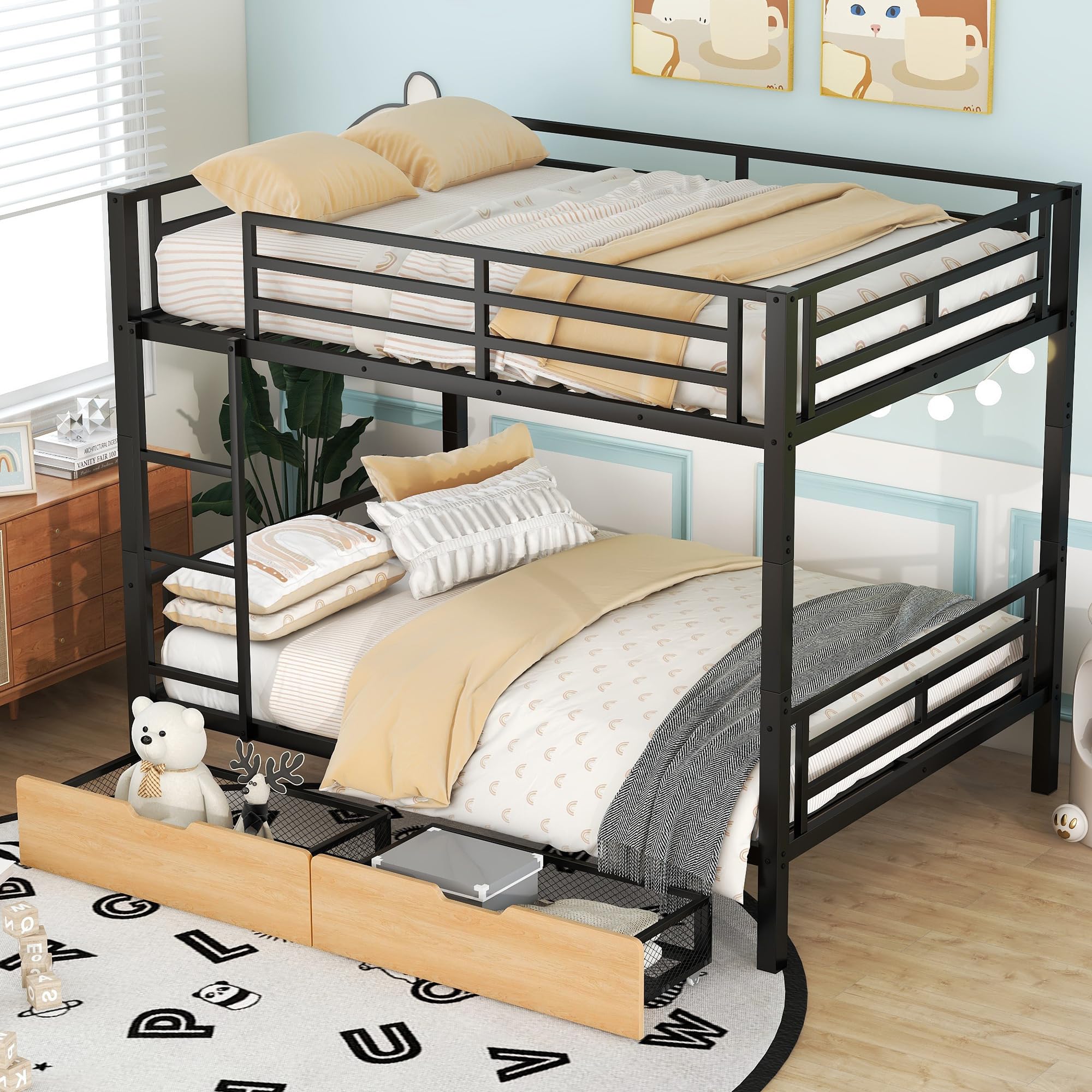 Full Over Full Bunk Bed with 2 Storage Drawers - Heavy Duty Metal Bunk Bed Frame with Safety Guard Rails & Ladder for Kids, Teens & Adults - Convertible to 2 Separate Beds - Space-Saving Black Bunk Bed for Small Rooms, Dorms & Guest Bedrooms