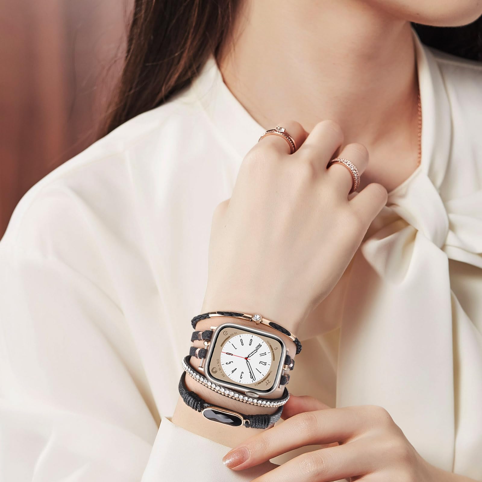 Boho Leather Apple Watch Band for Women - Adjustable 38mm 40mm 41mm iWatch Strap Compatible with Series 10/9/8/7/6/5/4/3/2/1/SE - Stylish Multilayer Wrap Bracelet for Everyday Wear & Boho Fashion Accessories