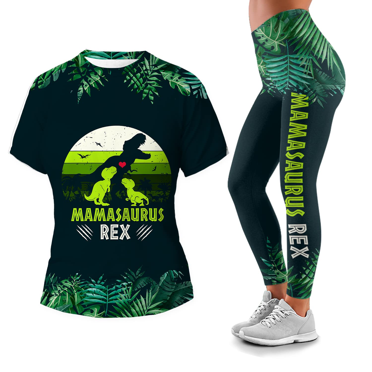 **GDT GLOBAL Women's Mamasaurus T-Shirt & Leggings Set - Cute Dinosaur Print Outfit for Casual Wear, Lounge, Mother's Day Gift**