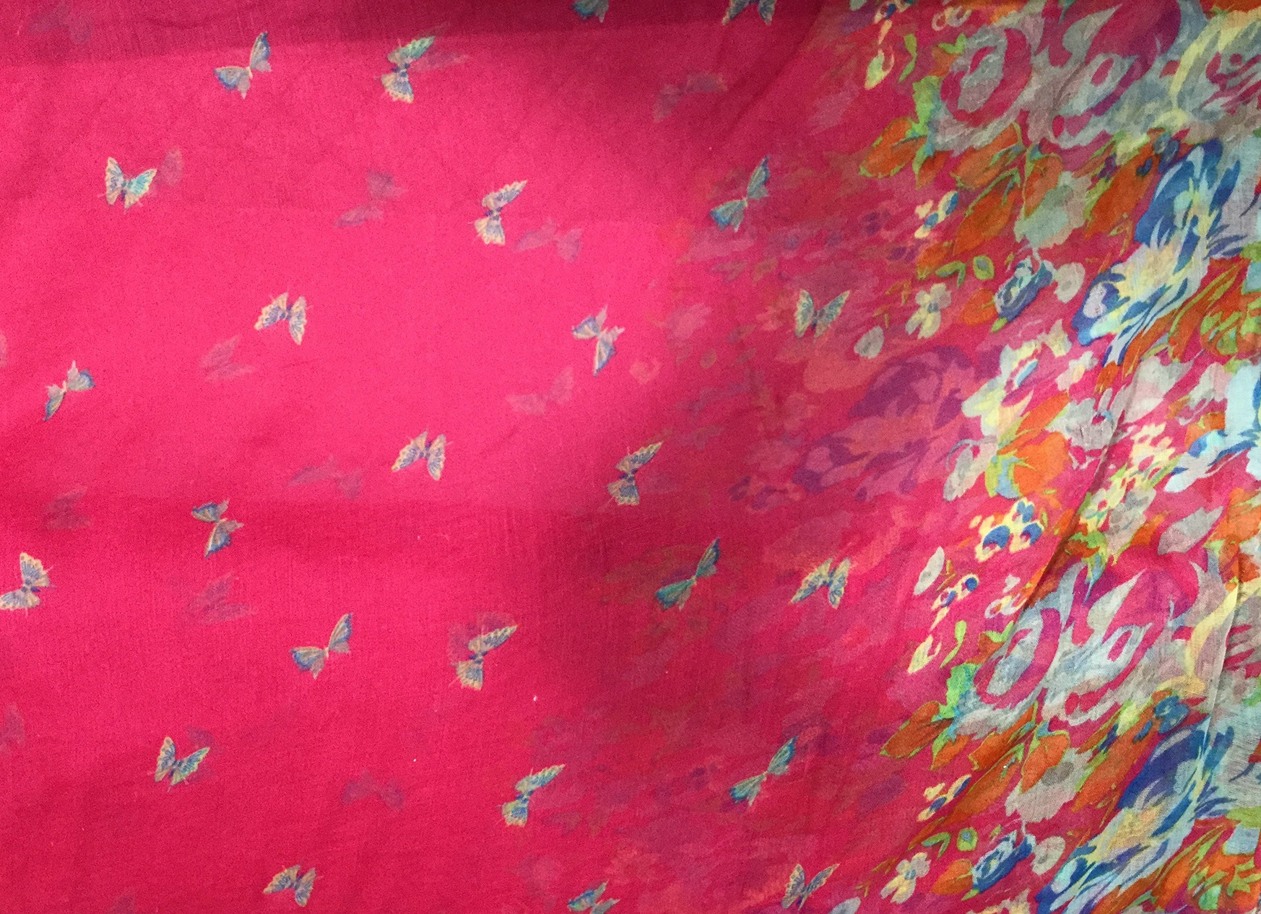 Fuchsia Pink Butterfly Floral Scarf - Lightweight Polyester Gauze Voile Shawl for Women - Perfect for Spring Outfits, Beach Cover-ups & Boho Fashion