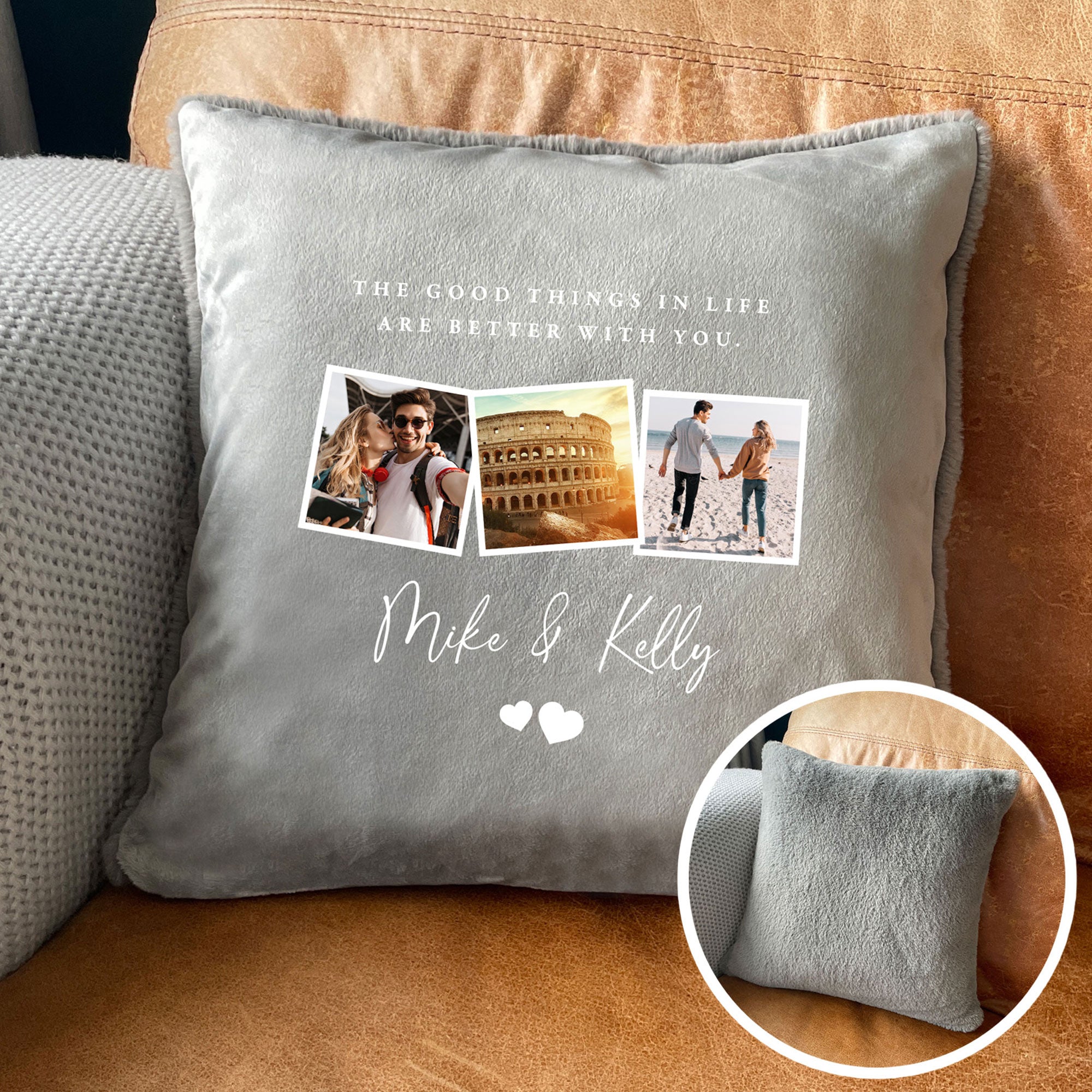 Personalized Couples Photo Faux Fur Throw Pillow - Custom 3 Picture Cuddle Cushion for Valentine's Gift, Anniversary Present & Home Decor