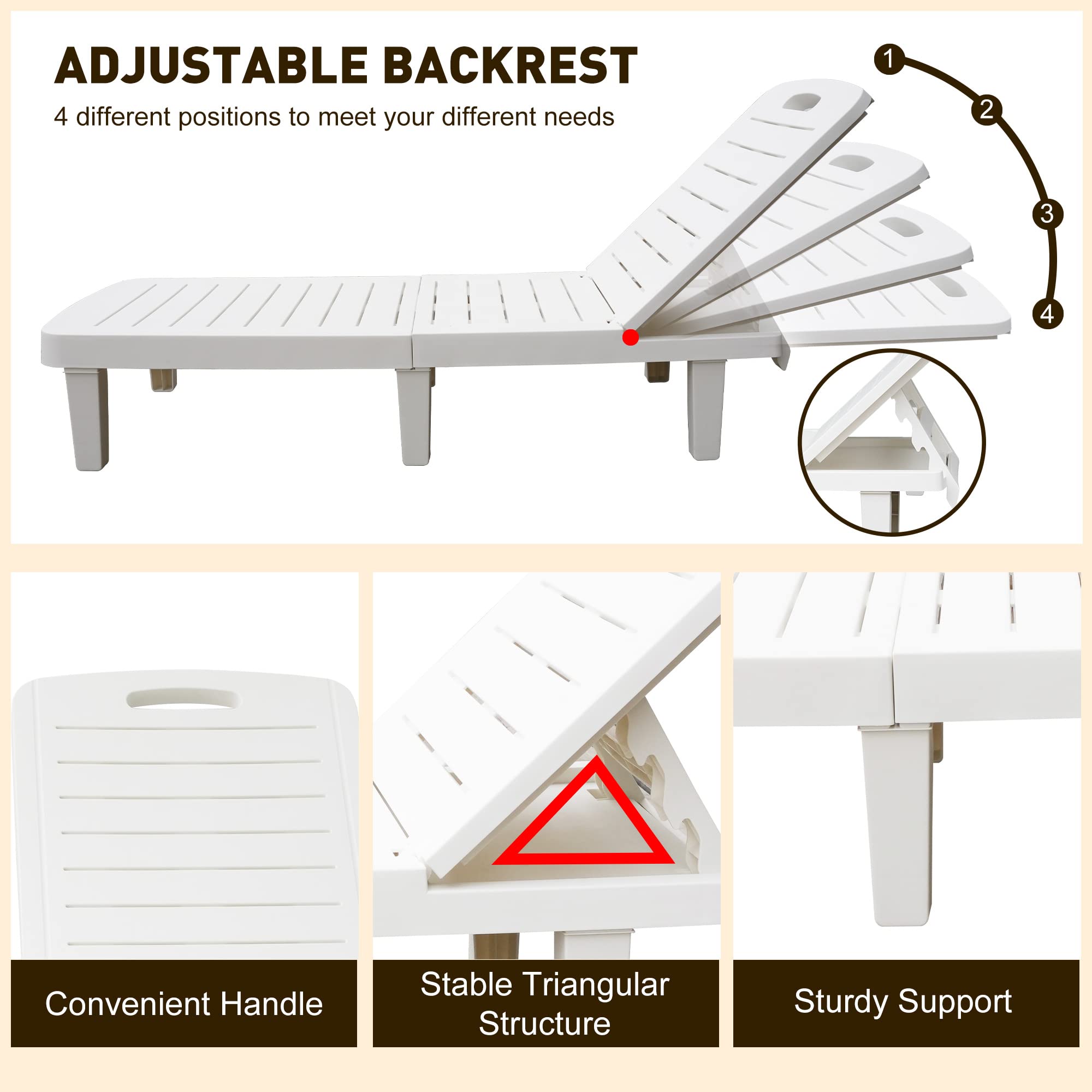 Premium White Patio Lounge Chairs - Adjustable Backrest Outdoor Chaise Lounge with Detachable Tray | Waterproof & Lightweight Plastic Poolside Chair for Beach, Garden, Backyard | Perfect for Sunbathing, Relaxing by the Pool or Coastal Getaways