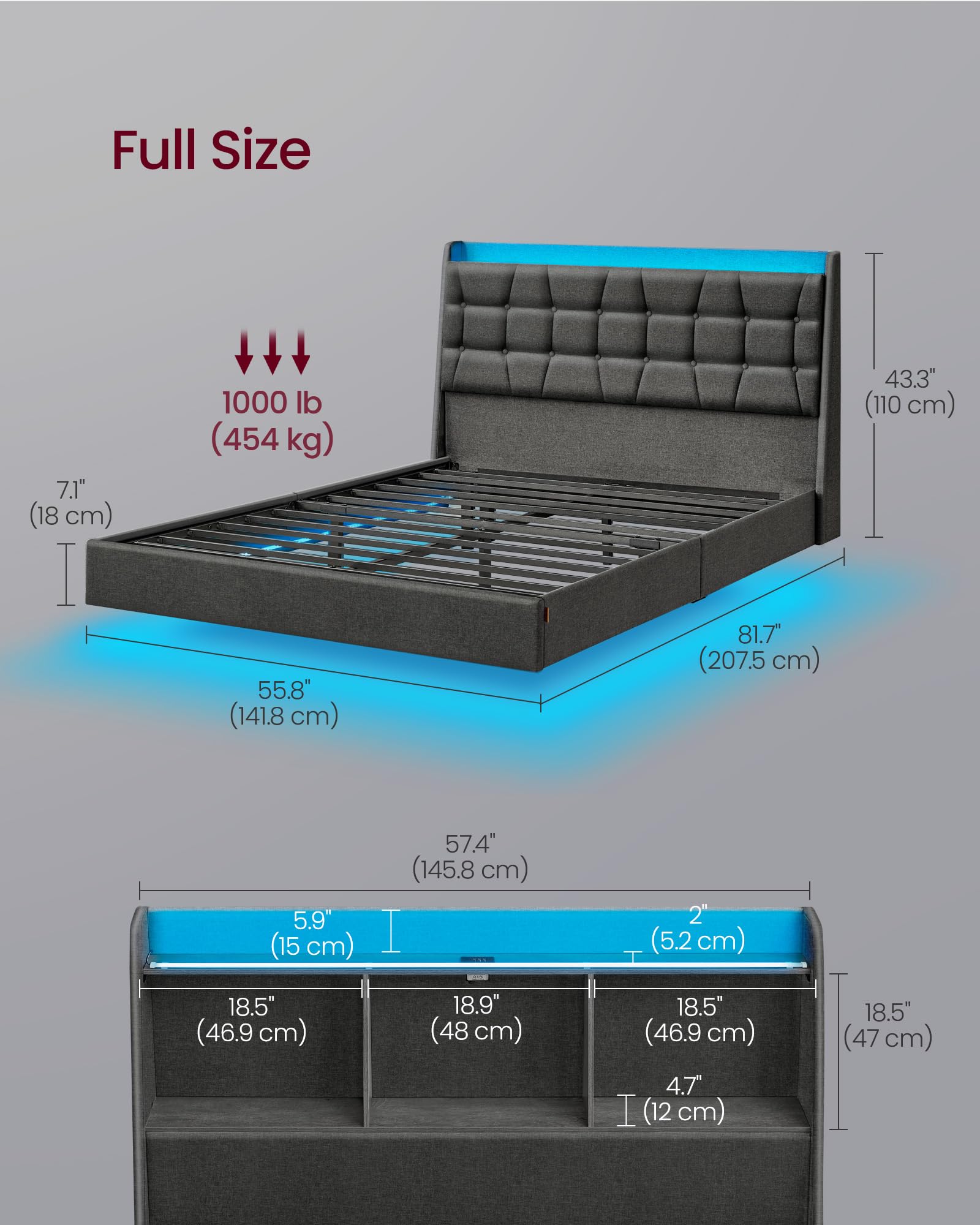 VASAGLE Full Size Floating Bed Frame with LED Lights, USB Charging Station, Tufted Storage Headboard - Upholstered Platform Bed Frame No Box Spring Needed, Dark Gray - Modern Bedroom Furniture for Small Spaces & LED Lighting Ambience