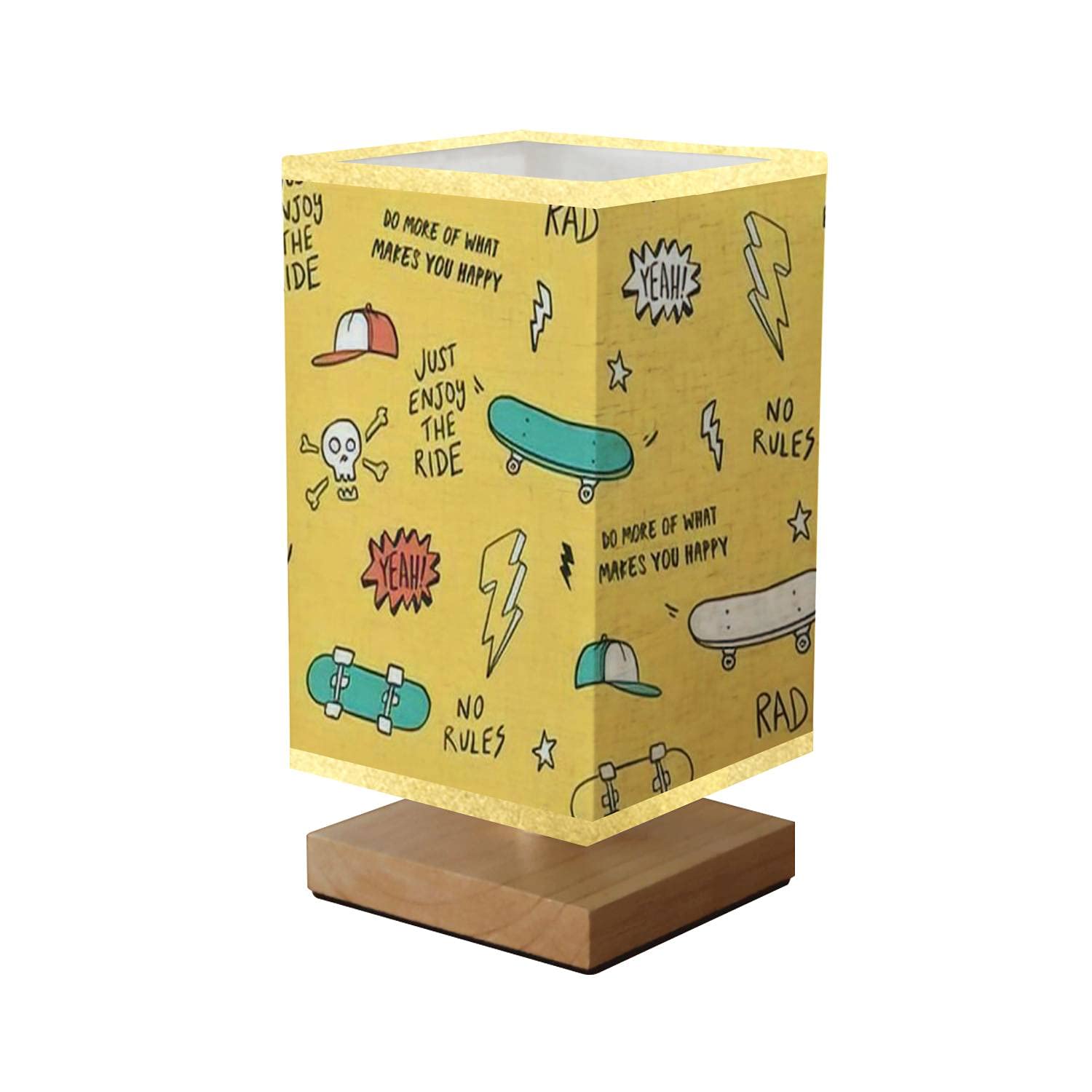 Hand-Painted Skateboard Design Dimmable Nightstand Lamp - Wooden Base with Flaxen Fabric Shade for Bedroom & Living Room | Perfect for Skate Enthusiasts' Home Decor