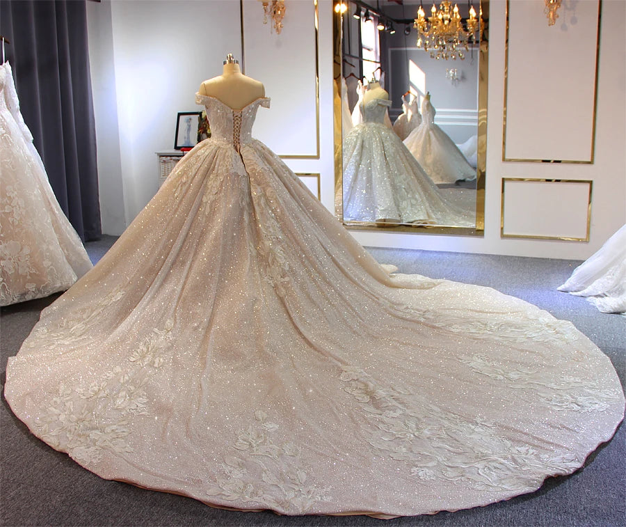 Elegant Off Shoulder Beaded Wedding Gown with Long Train - Perfect for Bridal Ceremonies, Vow Renewals & Formal Events