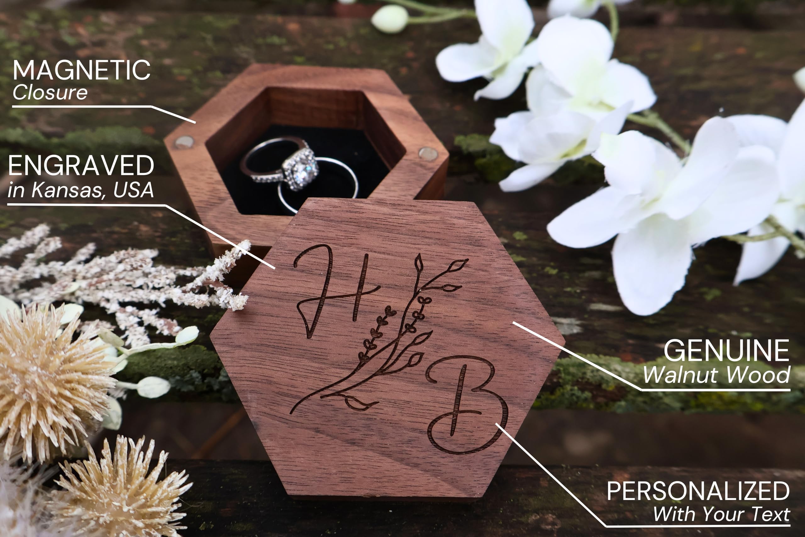Personalized Wedding Ring Box - Engraved Hexagonal Walnut Wood Ring Holder for Proposal, Engagement & Wedding Ceremonies - Perfect Ring Bearer Gift & Keepsake Box for Couples (Design 11)