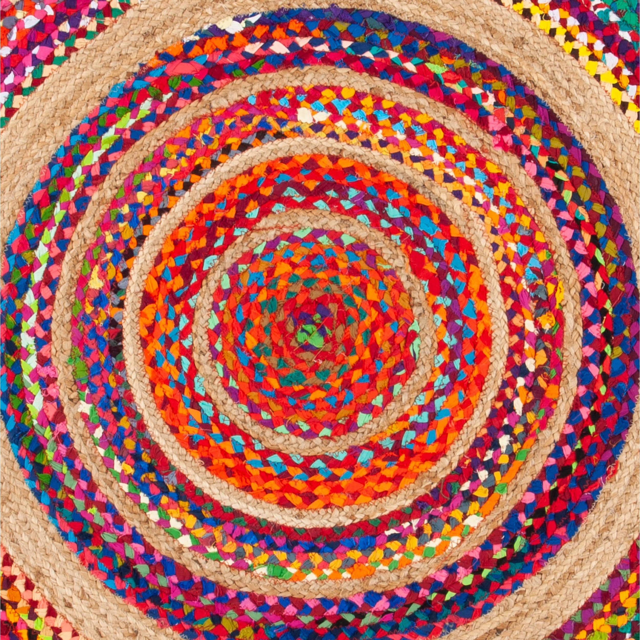 SAFAVIEH Handmade Boho Jute Area Rug 7' Round - Natural Fiber, Pink (NFB301U) for Living Room, Bedroom & Boho Decor