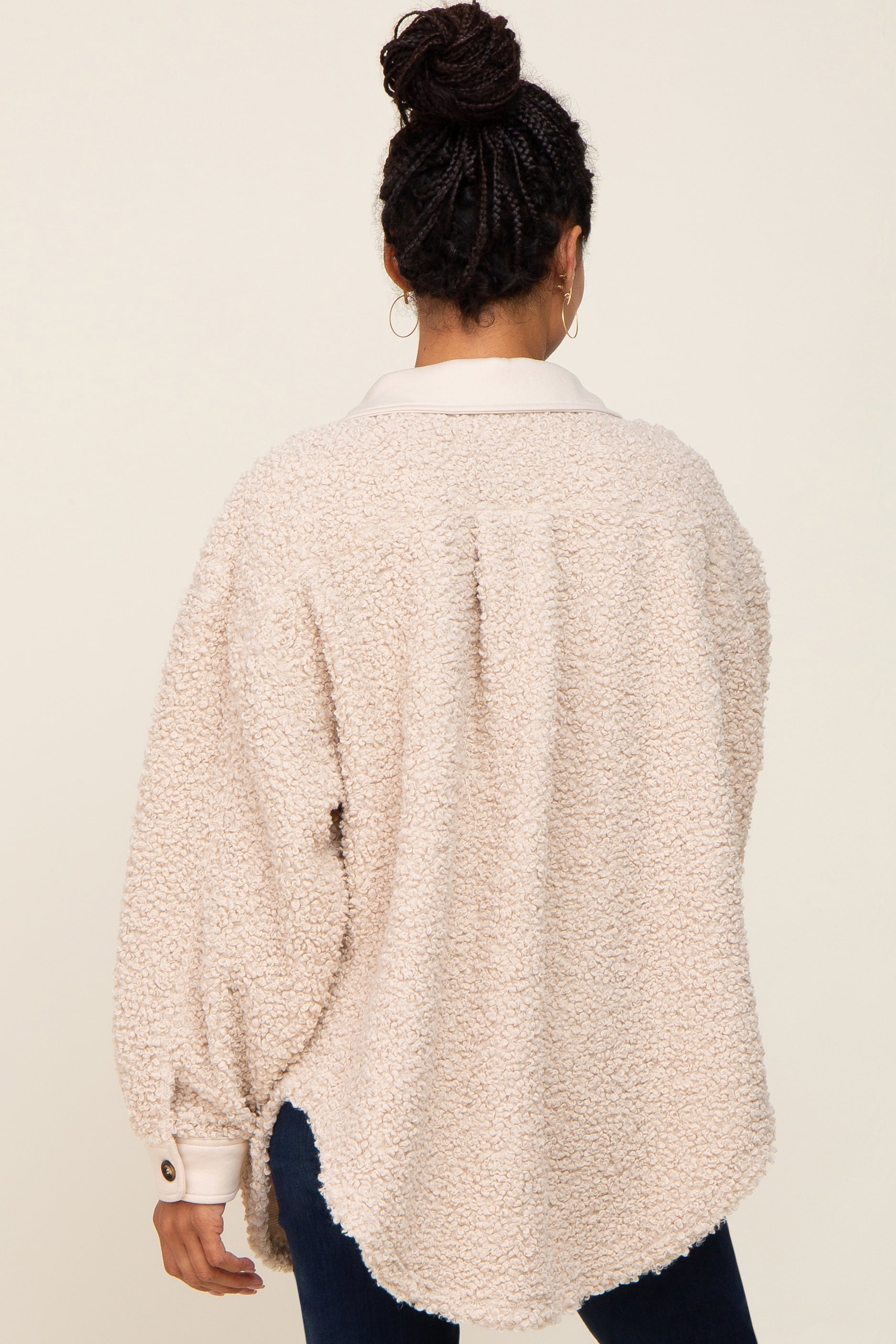 Beige Contrast Oversized Sherpa Coat for Women - Warm Winter Jacket with Soft Fleece Lining - Cozy Outerwear for Cold Weather, Outdoor Activities, and Casual Street Style