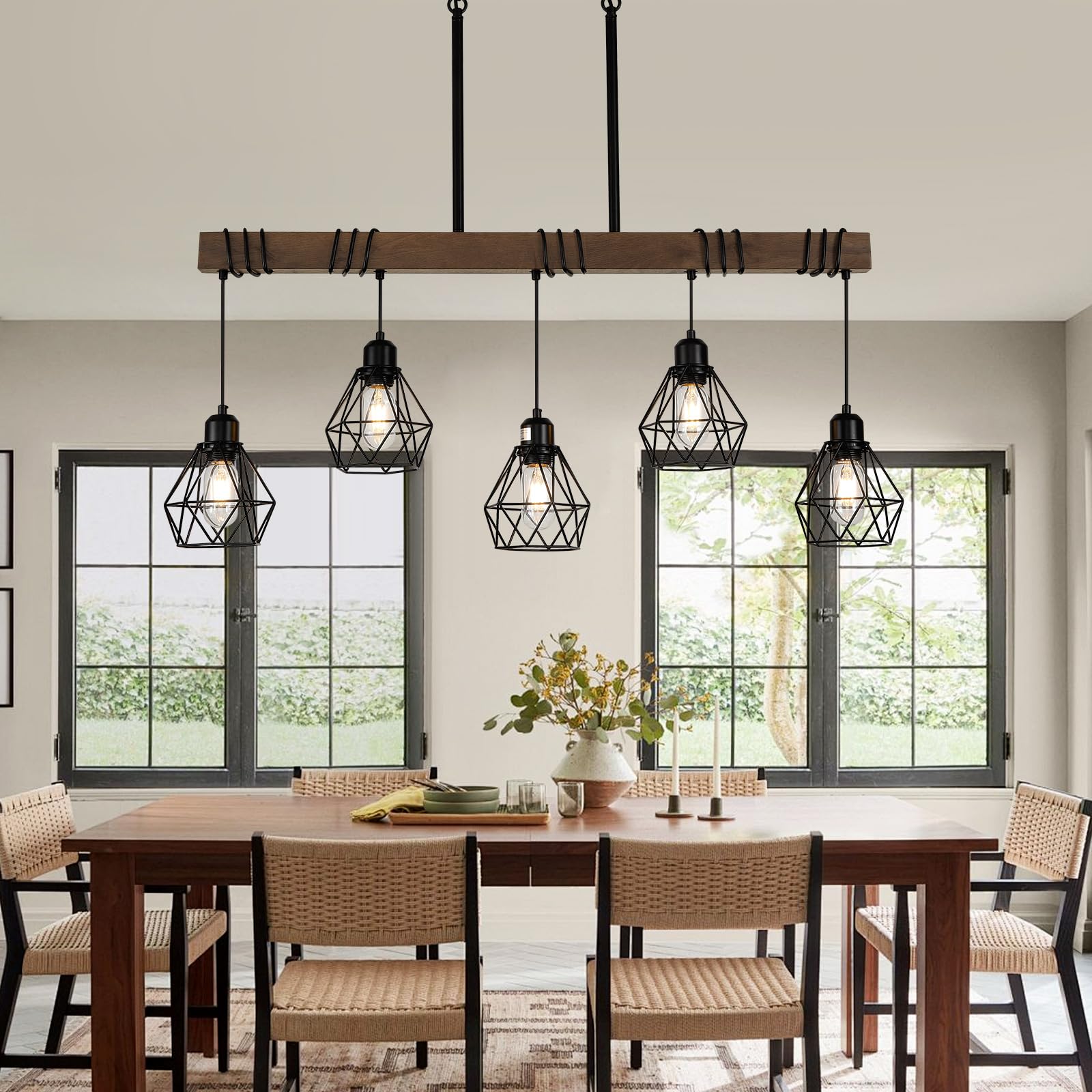 5-Light Farmhouse Linear Chandelier - Matte Black Rustic Wood Ceiling Pendant Light with Metal Lampshade for Kitchen Island, Dining Room Table | Modern Farmhouse Decor Lighting Fixture