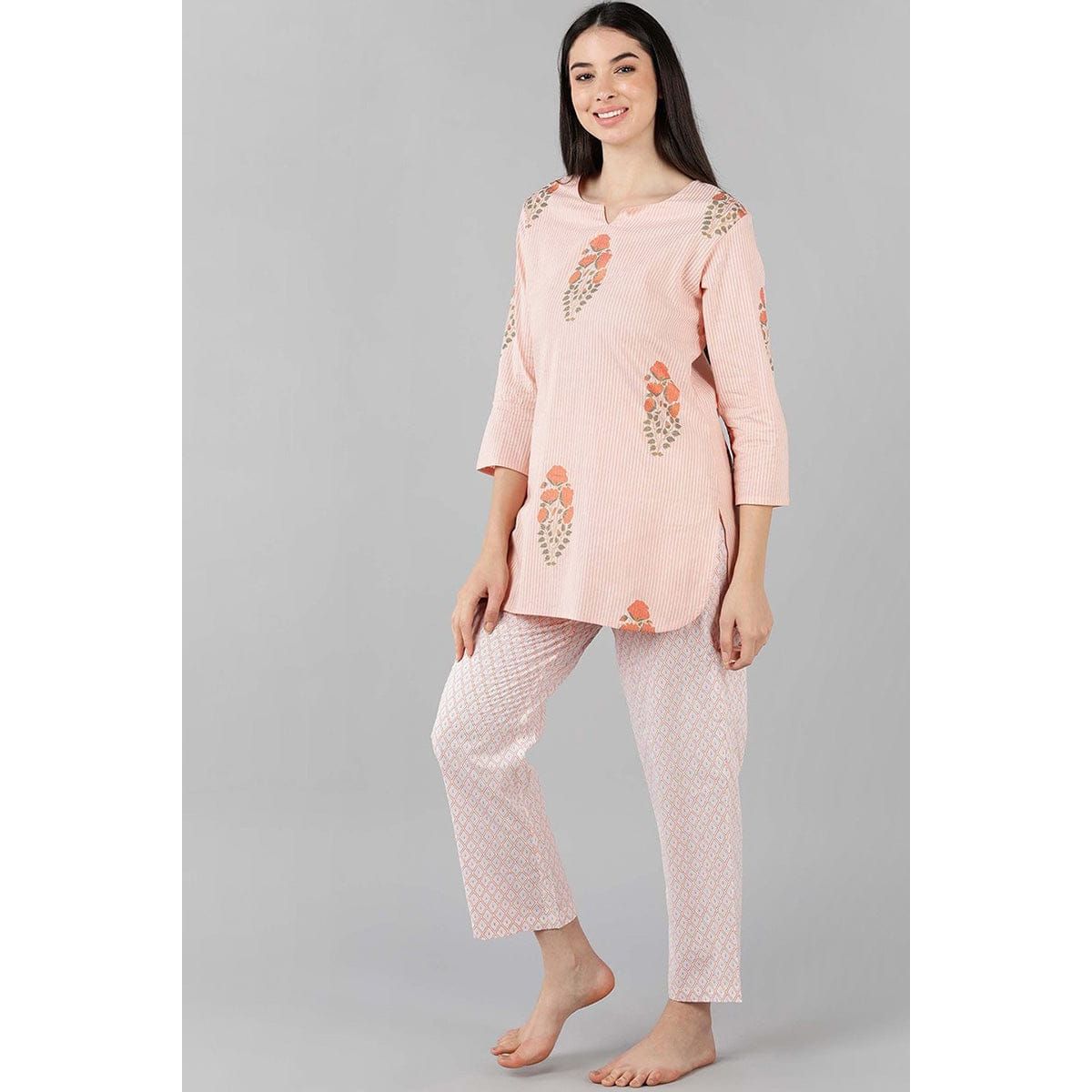 Soft Pink Cotton Striped Nightwear Set for Women - Cozy Sleepwear & Loungewear for Relaxing at Home