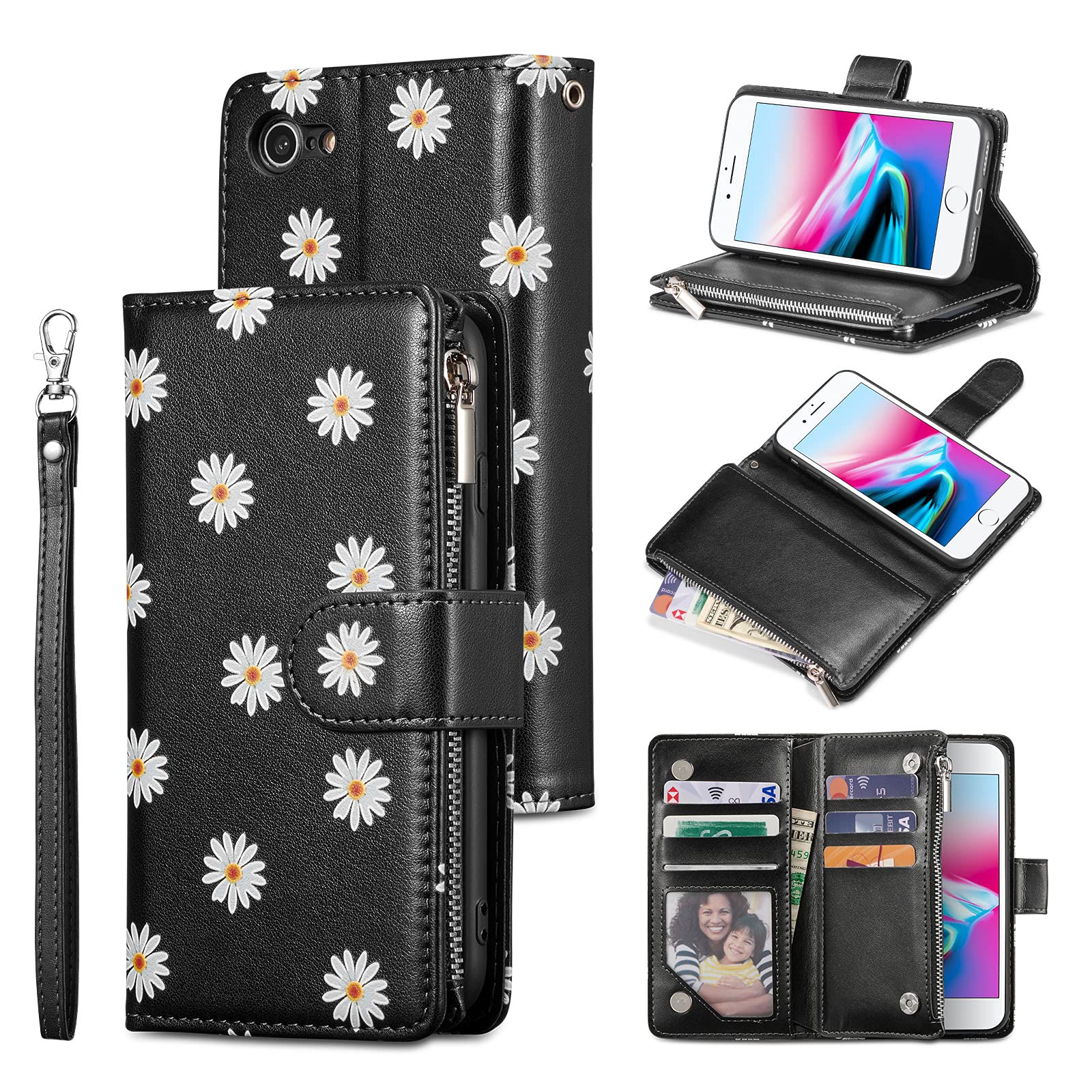 QLTYPRI Cute Daisy Flower Pattern Wallet Case for iPhone SE 2022 5G/iPhone SE 2020/iPhone 8/iPhone 7 - Magnetic Closure with Zipper Pocket, Card Holder Slots, Kickstand & Wrist Strap (Black) | Perfect for Everyday Use, Travel & Hands-Free Convenience