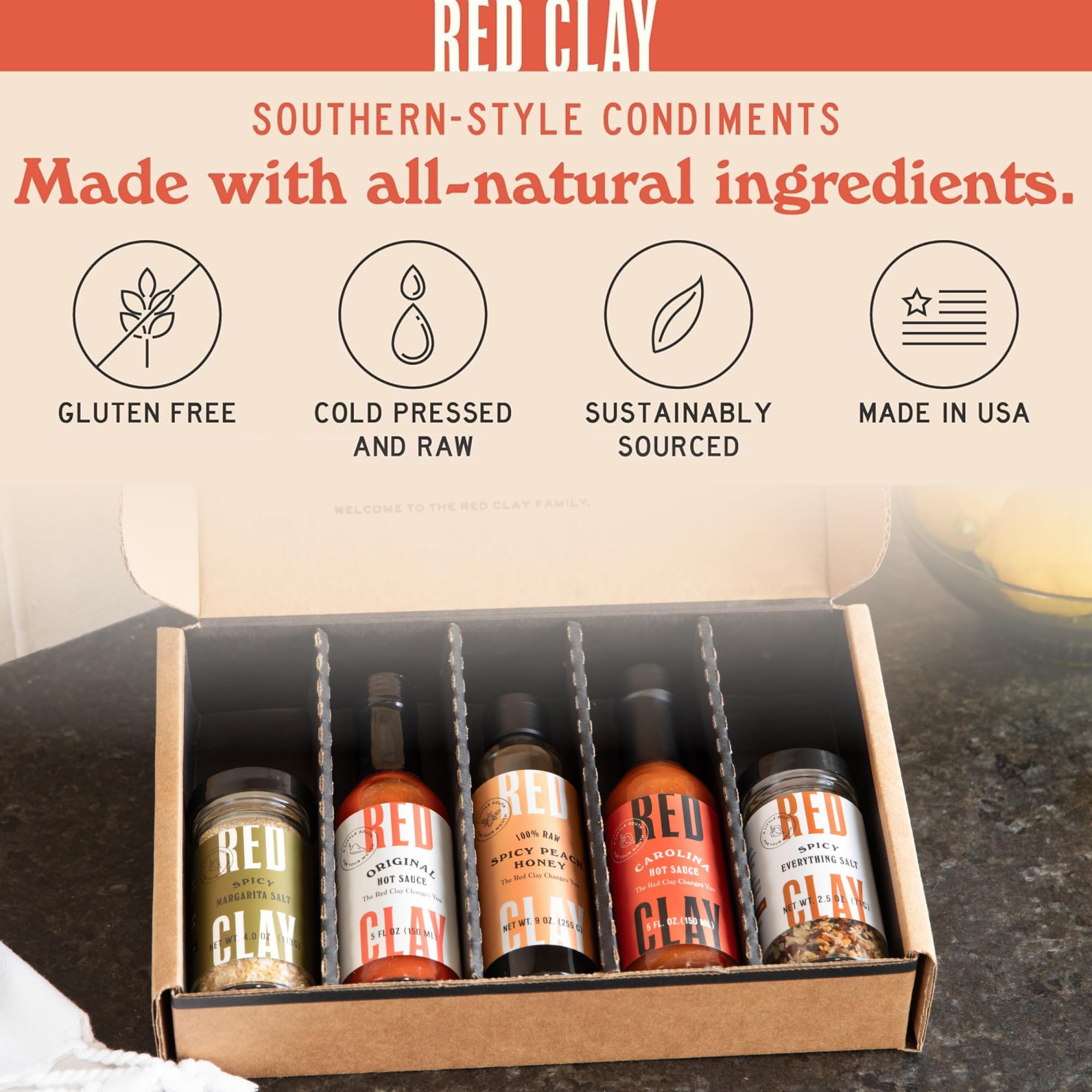Red Clay Hot Sauce & Hot Honey Variety Pack – Original, Carolina Hot, Verde, Hot Honey & Southern Honey | Cold-Pressed, Fermented, Barrel-Aged Gourmet Hot Sauces | 100% Raw Natural Honey | 5-Pack Gift Set for BBQ, Wings, Pizza & Cocktails