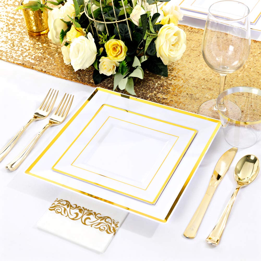 50-Pack Gold Plastic Plates with Disposable Cutlery & Cups - Square Disposable Dinnerware Set with Napkins for Wedding, Party & Events - Elegant Tableware for Bridal Showers, Baby Showers & Banquets