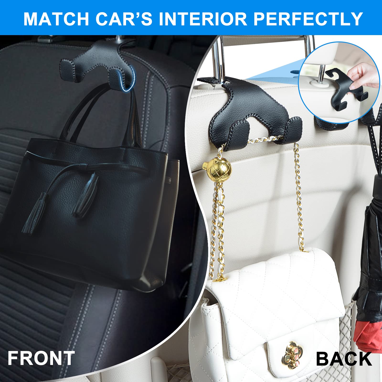 2-in-1 Leather Car Headrest Hook - Purse & Bag Holder for Vehicles (Black) - Perfect for Shopping, Travel & Keeping Your Belongings Organized On-The-Go