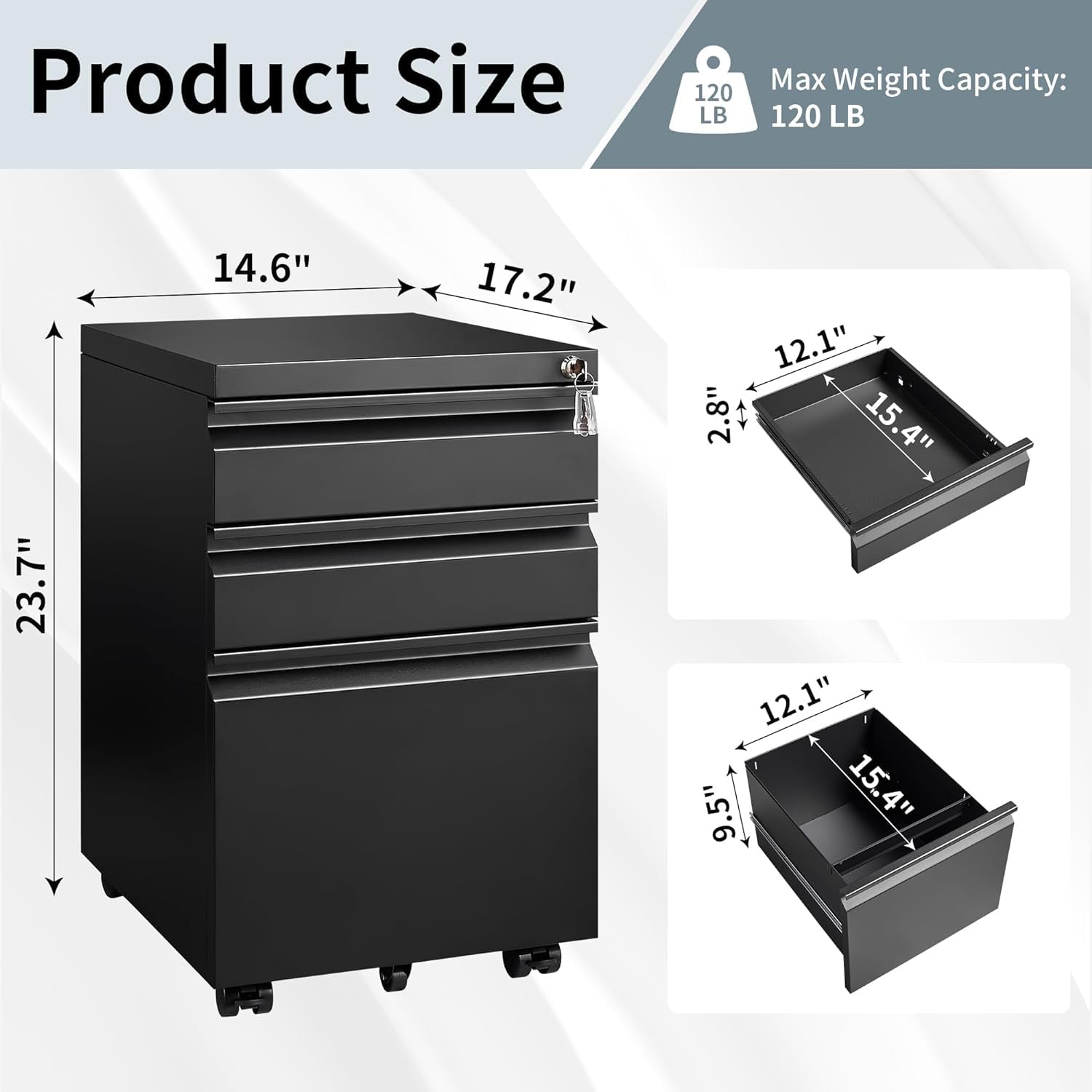 Mobile File Cabinet with Lock - 3 Drawer Home Office Storage for A4/Letter/Legal Size Folders, Fully Assembled Matte Black Filing Cabinet | Perfect for Small Spaces & Document Organization