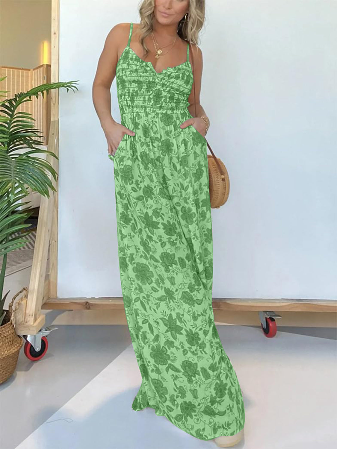 Women's Full-Length Spaghetti Strap Wide Leg Jumpsuit - Summer Beach Cover Up, Casual Outfit for Vacation & Date Night