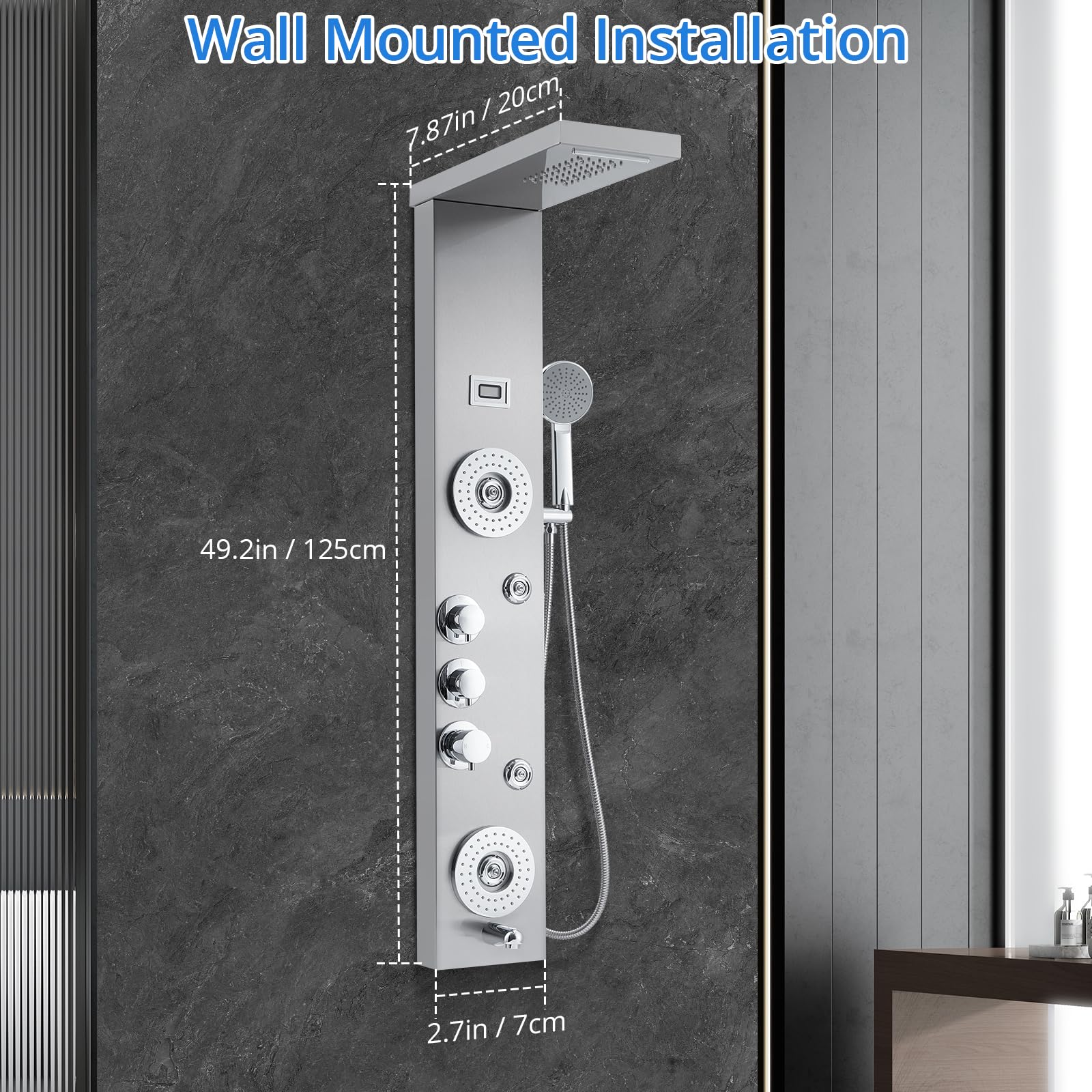 6-in-1 Stainless Steel Shower Panel Tower System with LED Rainfall, Waterfall & Handheld Shower Head - Wall Mounted Bathroom Faucet Set (Silver) | Perfect for Modern Home Spa, Luxury Bathroom Renovation & Relaxing Shower Experience