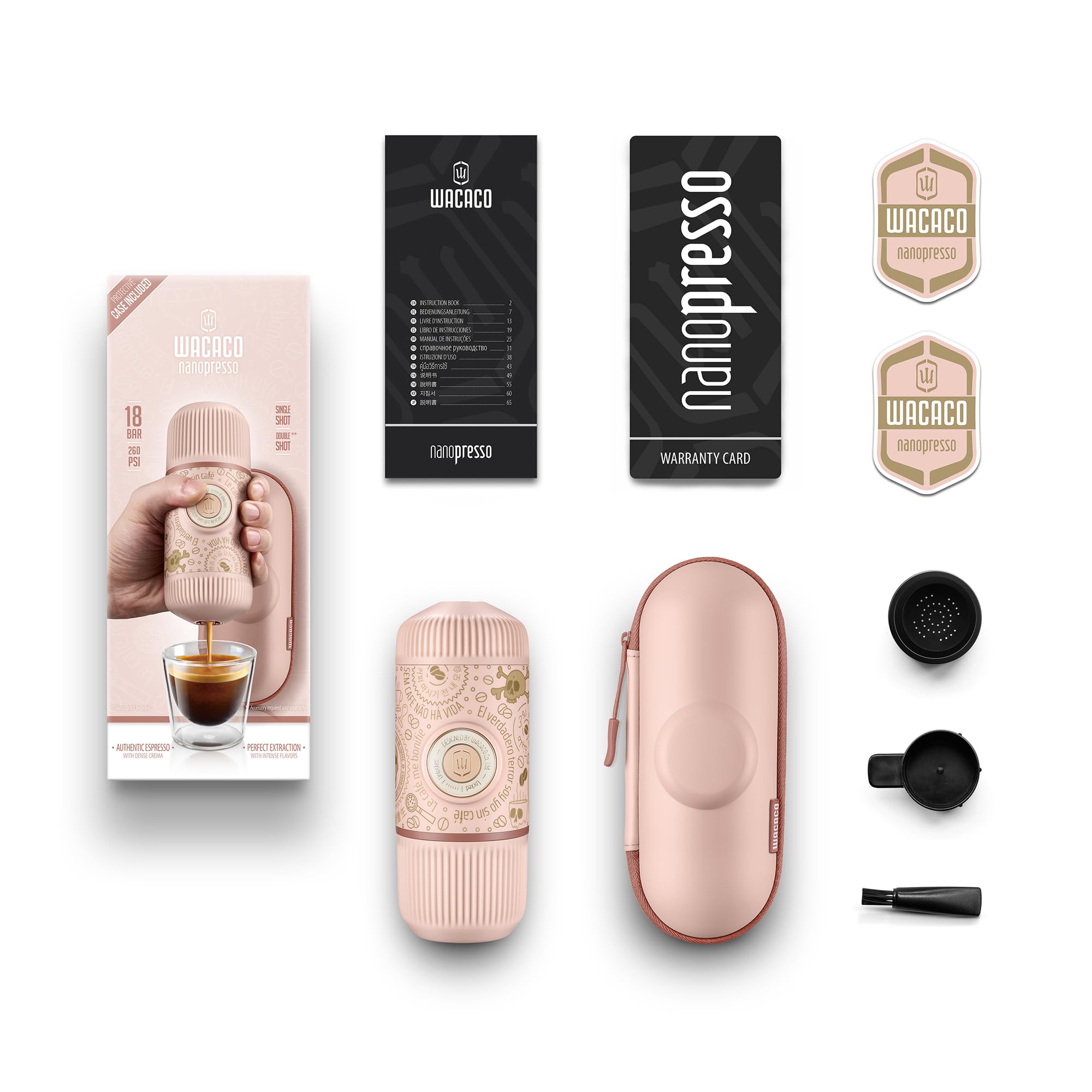 WACACO Nanopresso Portable Espresso Maker with Case - 18 Bar Pressure Manual Coffee Machine for Travel, Camping & Office - Dark Soul Pink | Upgrade from Minipresso | Compact & Lightweight Espresso Maker