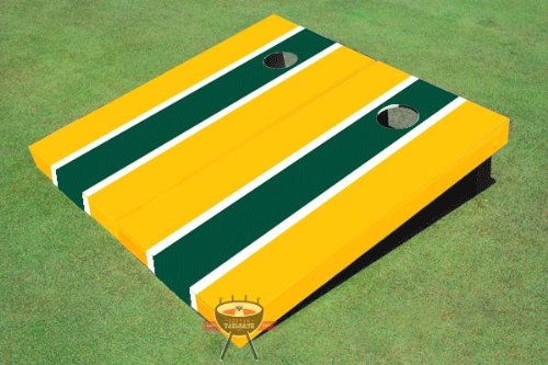 Premium Custom Tailgate Cornhole Game Set - Dark Green & Yellow Matching Long Stripe Corn Hole Boards - Perfect for Backyard BBQs, Tailgate Parties & Outdoor Games