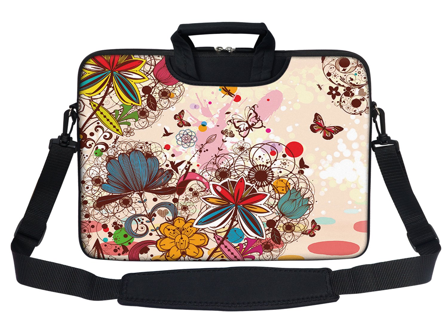 Stylish Neoprene Laptop Shoulder Bag for 15-15.6 Inch Notebook - Colorful Flower Butterfly Design, Lightweight & Durable Briefcase for Work, School & Travel
