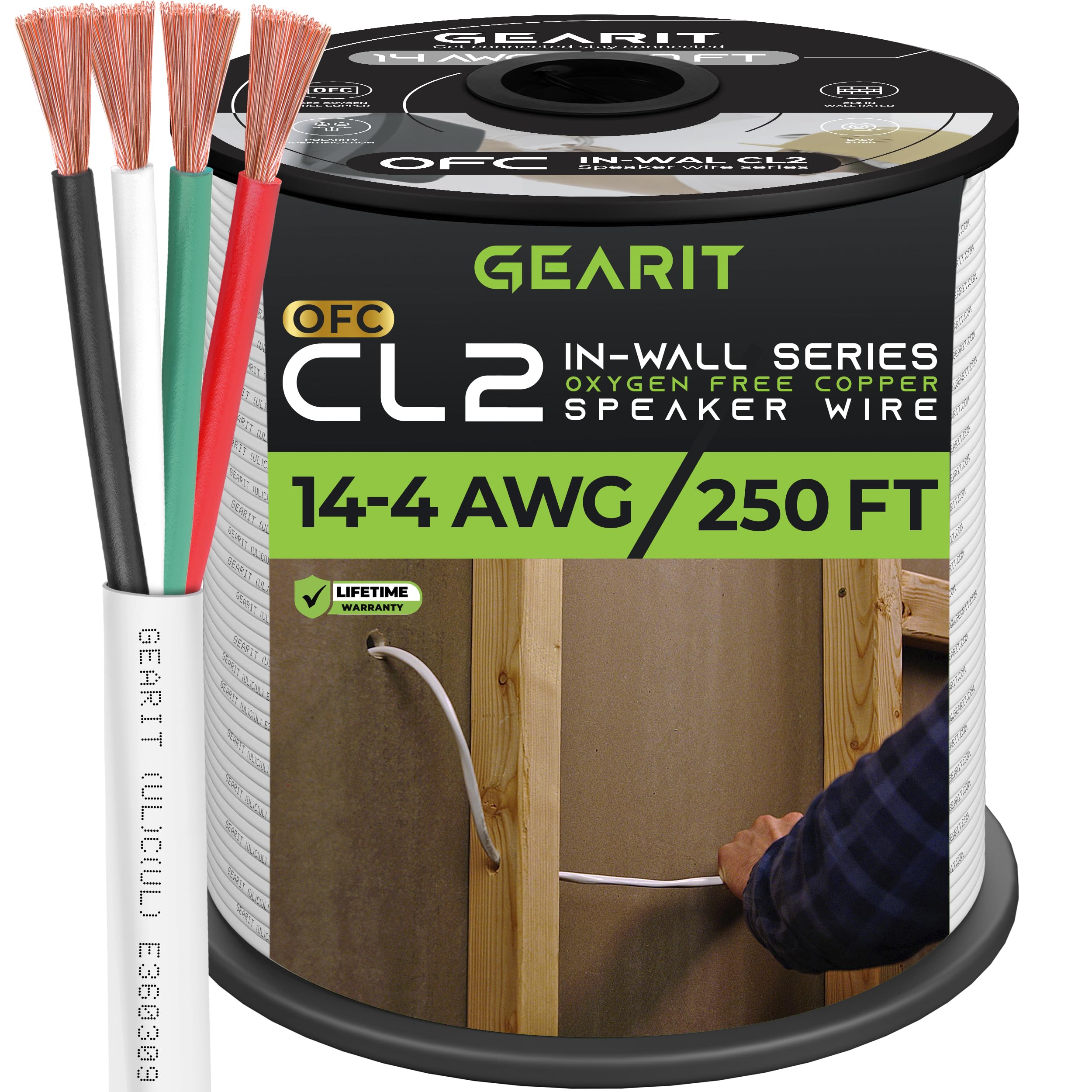 GearIT 14AWG 4-Conductor Speaker Wire - 250ft CL2 Rated In-Wall Fire Safety Cable - Oxygen-Free Copper (OFC) White Audio Cable for Home Theater, Surround Sound & Professional Audio Installations