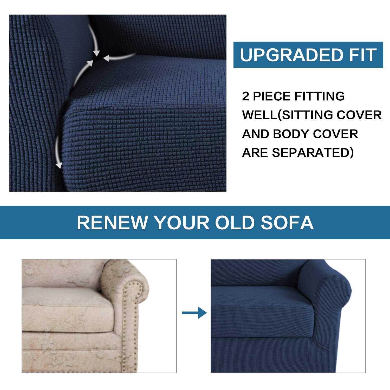 H.VERSAILTEX Stretch Sofa Covers for 3 Cushion Couch - 2 Piece Loveseat Slipcover Set with Spandex Fabric (Navy Blue) - Perfect for Living Room, Apartment & Pet-Friendly Furniture Protection