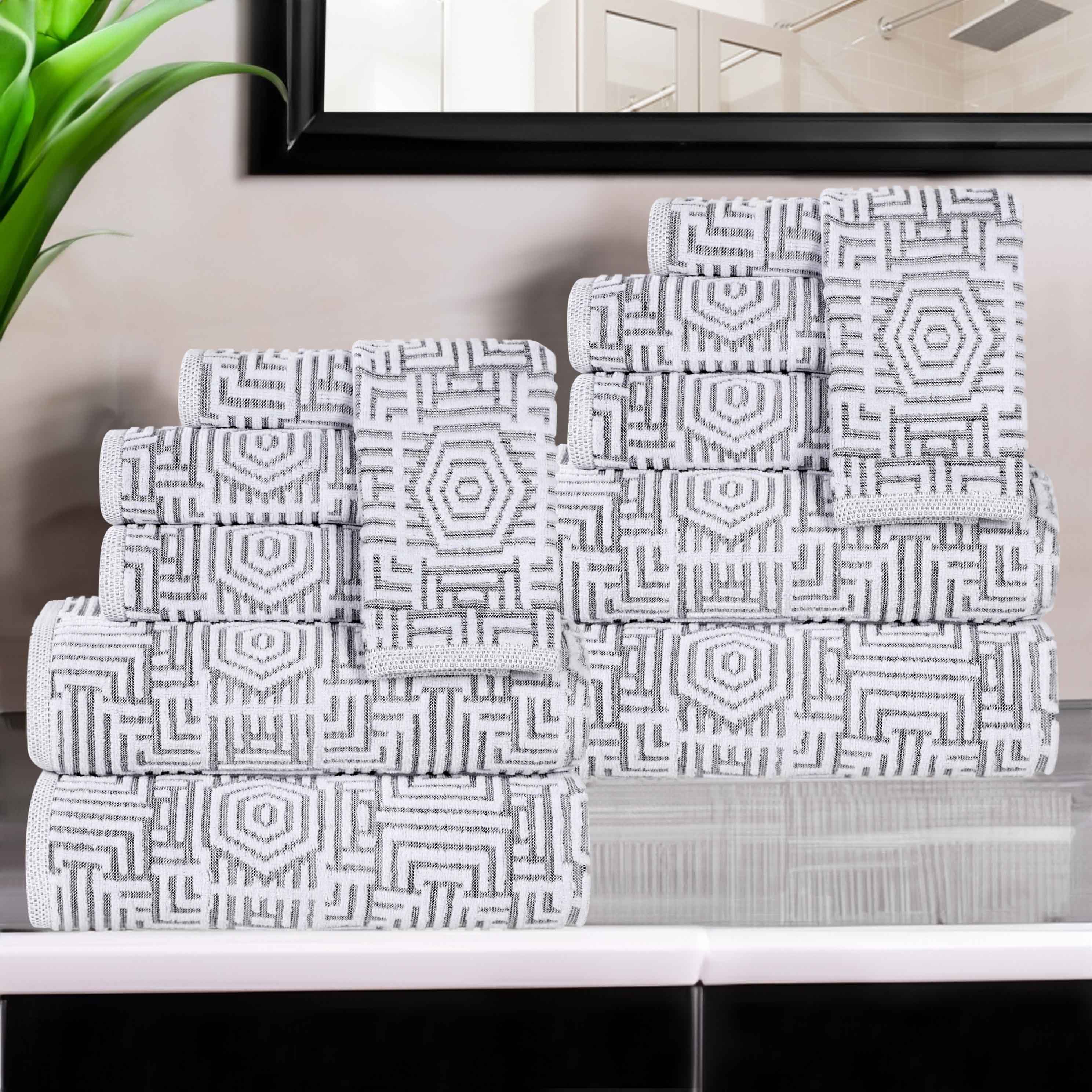 Premium 12-Piece Cotton Geometric Jacquard Plush Towel Set - Ultra Absorbent & Soft Bath Towels for Spa, Guest Bathroom & Luxury Home Decor