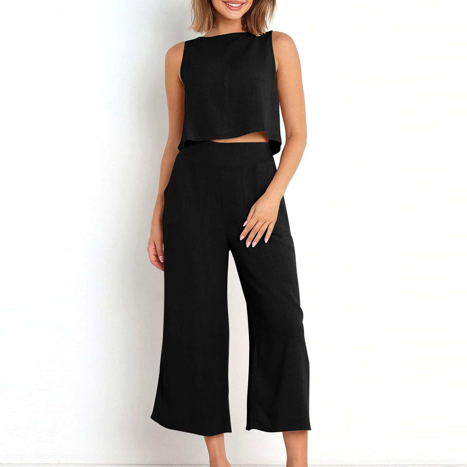AMhomely Women's 2-Piece Outfits - Sleeveless Cotton Linen Wide Leg Pants Set with Vest Top & Back Buttons | Elegant Ladies Pantsuit with Pockets | Perfect for Office Wear, Summer Vacation & Casual Outings