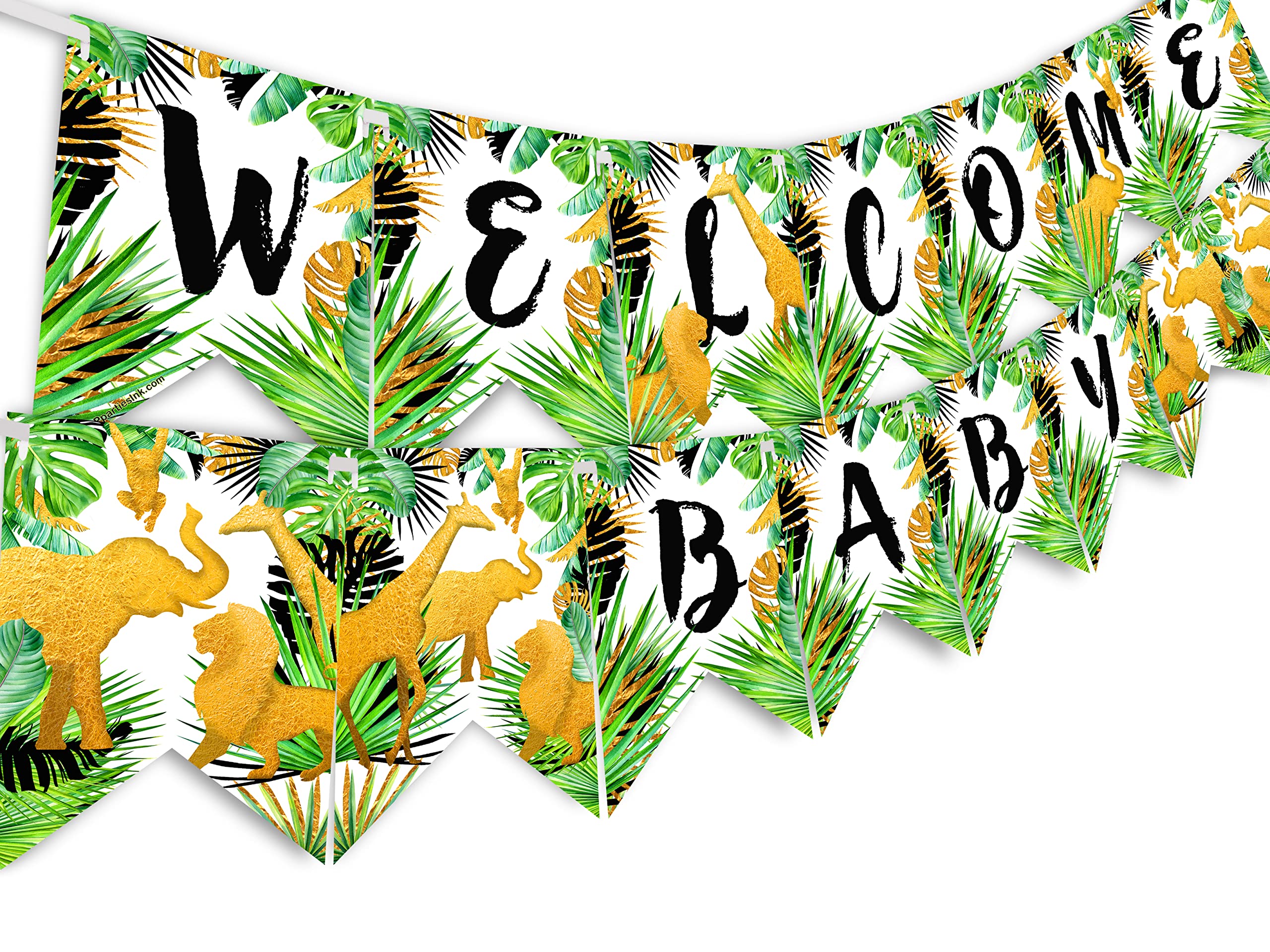 Golden Safari Welcome Baby Banner Pennant - Jungle Themed Baby Shower Decorations & Supplies for Boys & Girls - Perfect for Nursery, Birthday Party, Gender Reveal & Newborn Photography Backdrop