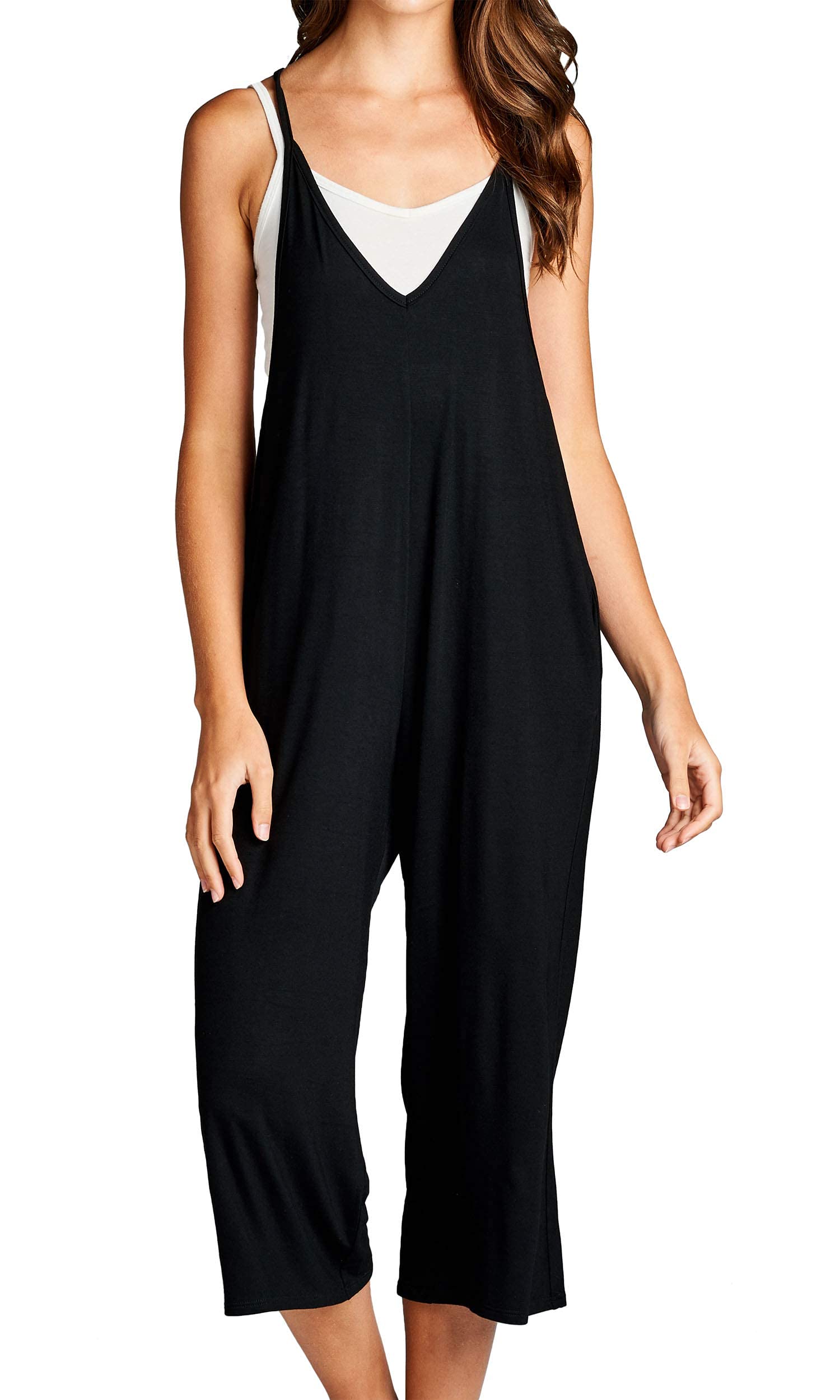 **Women's Loose Fit Jumpsuit - Sleeveless Casual Romper with Pockets | Capri Style for Maternity & Everyday Wear | Perfect for Summer, Travel & Relaxation**