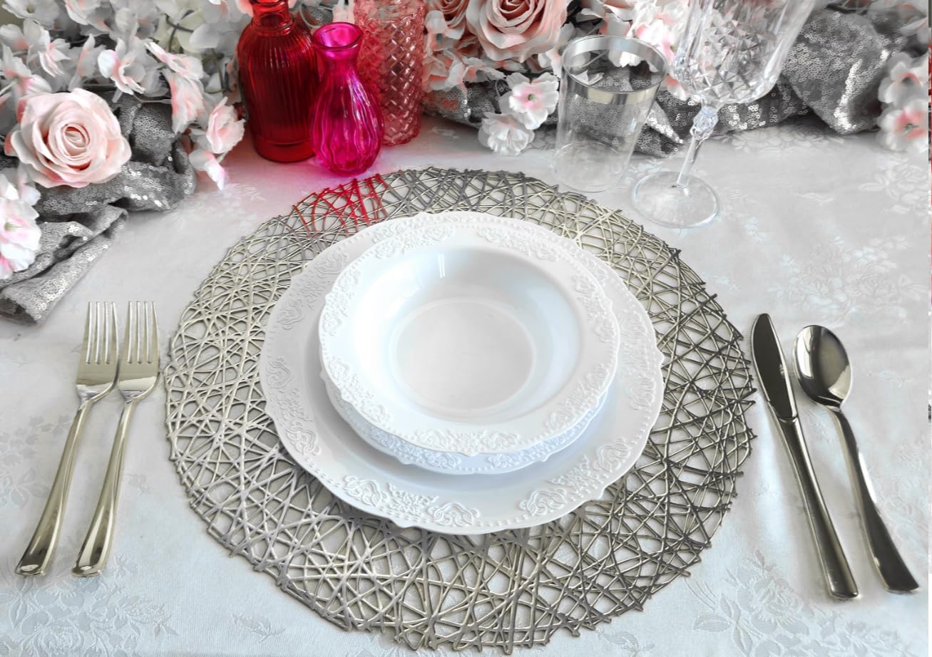 120-Piece Metallic Vinyl Placemats Set - Elegant Pressed Silver Table Mats for Weddings, Parties & Special Occasions - Perfect for Summer Celebrations & Dining Decor